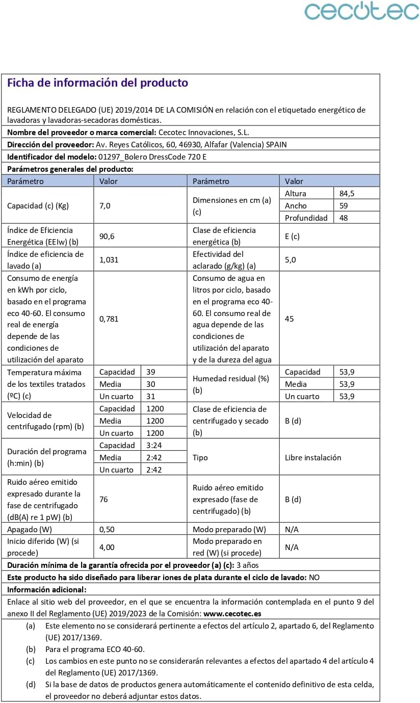 Cecotec - Bolero DressCode 720 - 7 kg - 1200 rpm, 15 programmes, faible conso