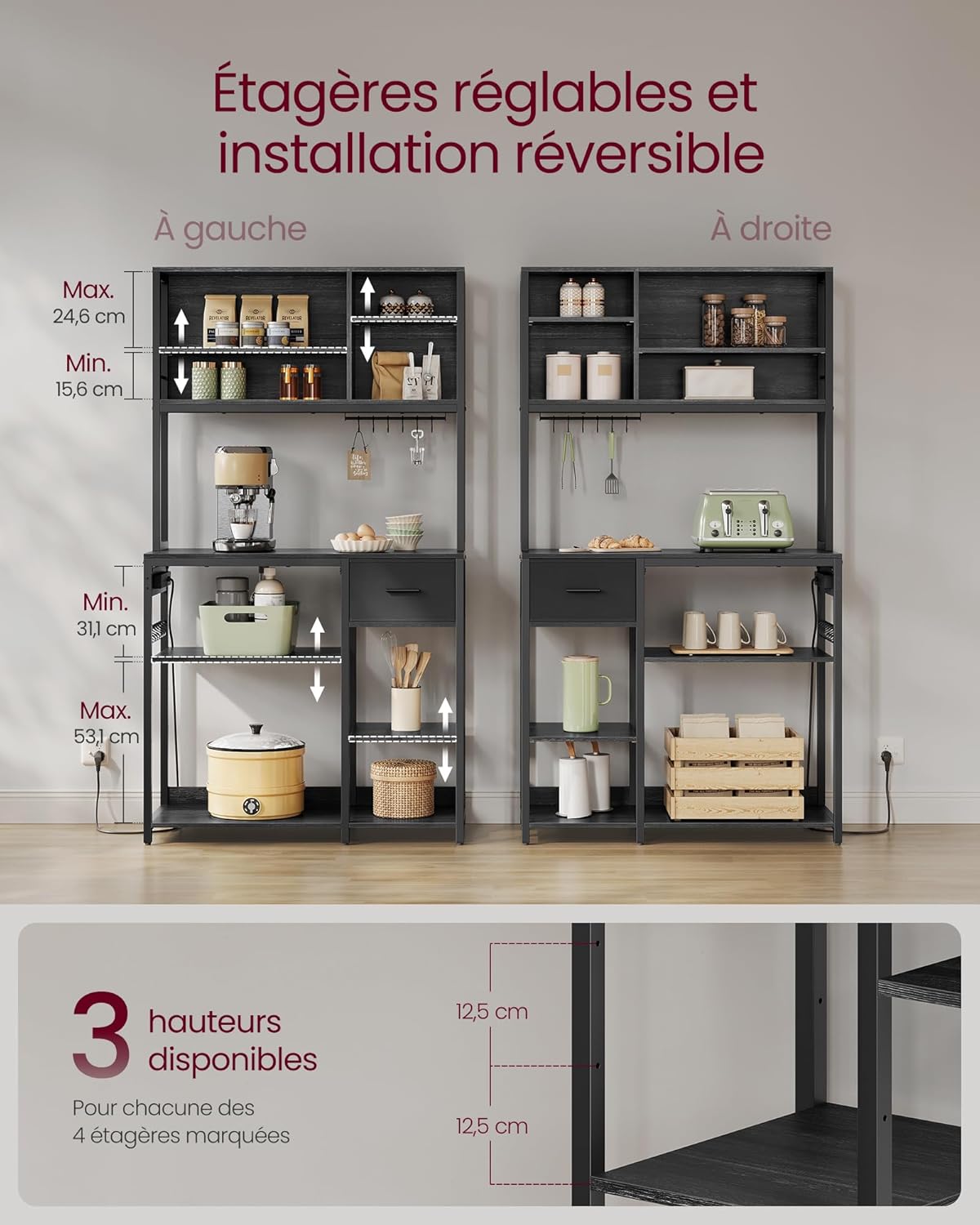 VASAGLE - étagère cuisine, 100x40x180 cm, multiprise, tiroir tissu, KKS027B02