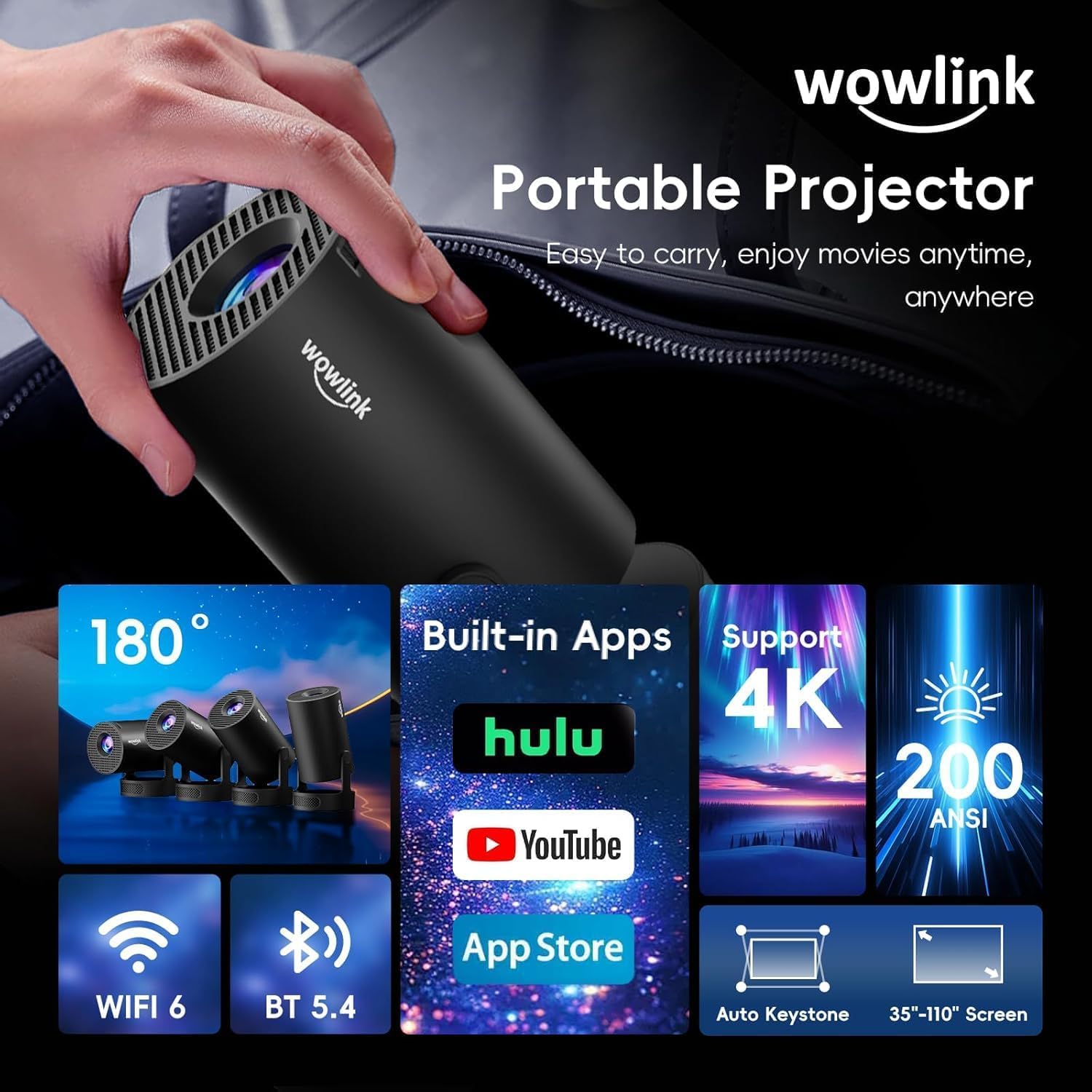 Mini Vidéoprojecteur WiFi 6 Bluetooth 5.4 4K 1080P auto keystone, noir