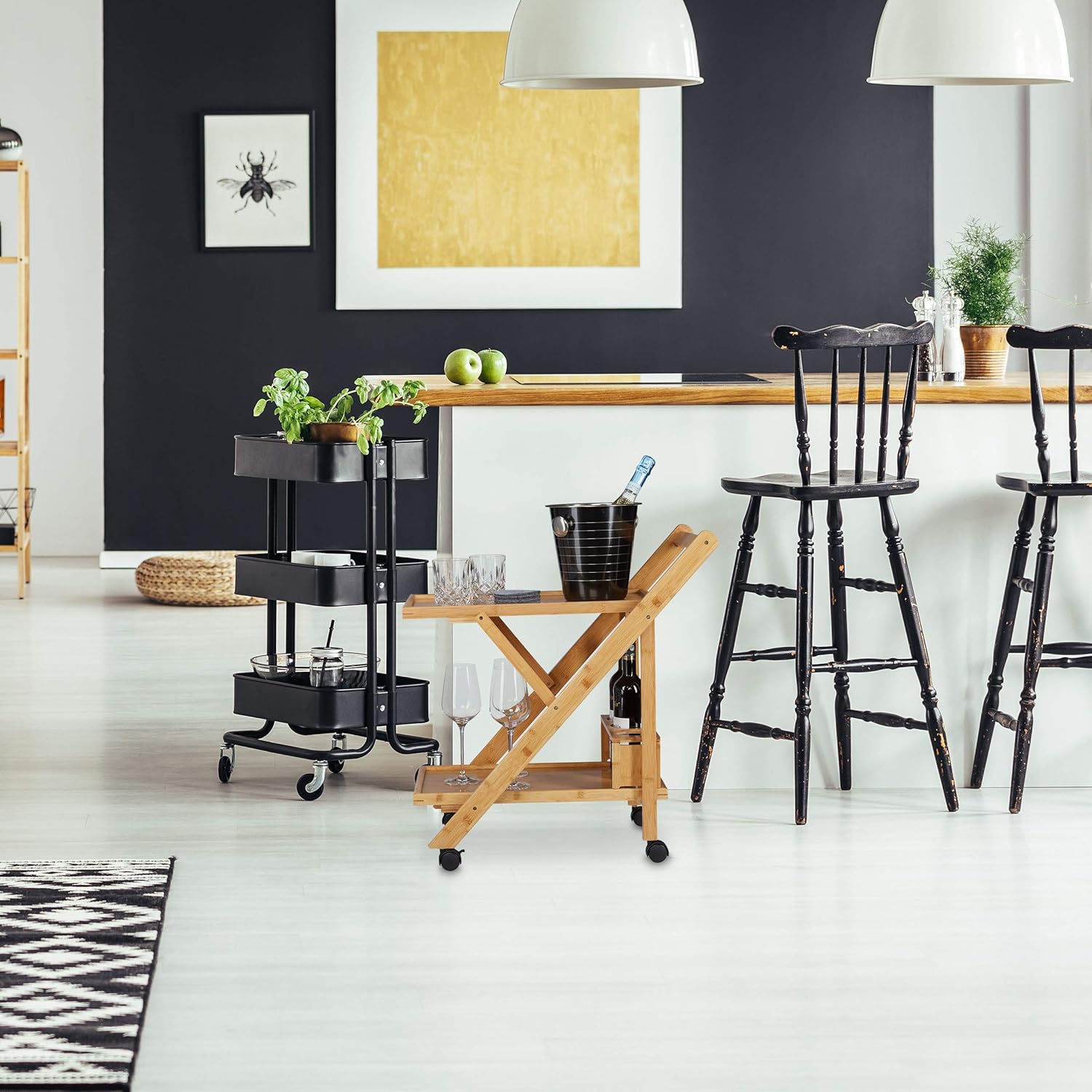 Relaxdays - desserte cuisine pliante bambou 70x40,5x65cm, brun/noir