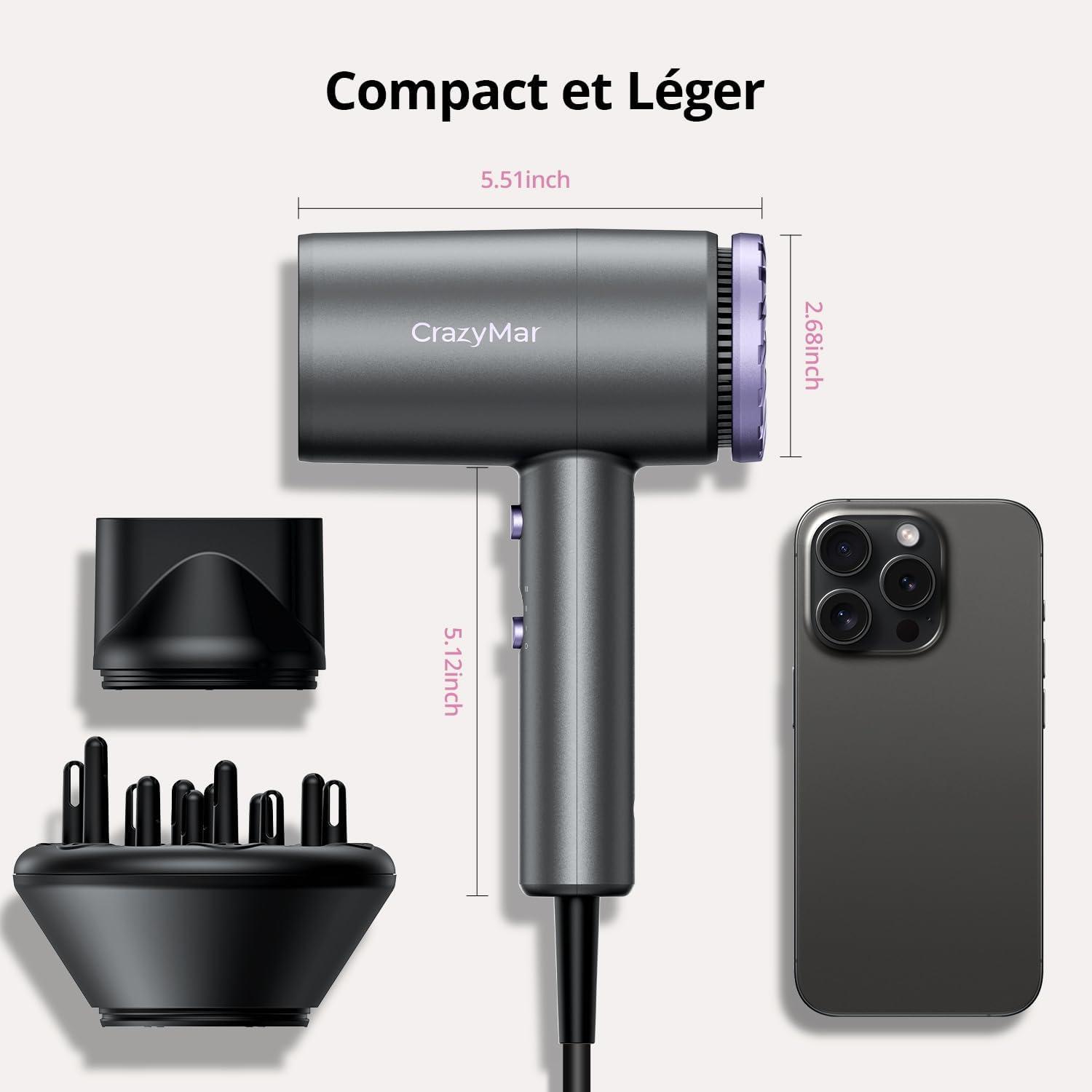 Sèche-cheveux professionnel - compact léger - ions négatifs, 3 vitesses, diffuseur - 350M