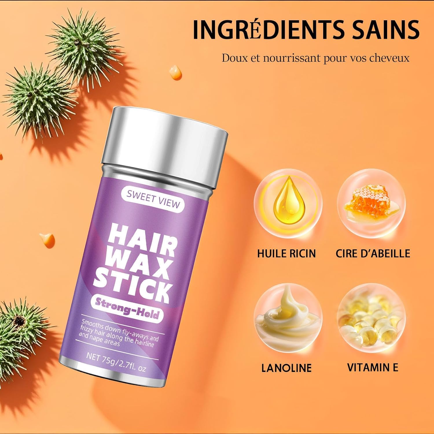 Bâton de cire pour cheveux - brosse lissante - anti-frisottis - idéal chignon et queue de cheval