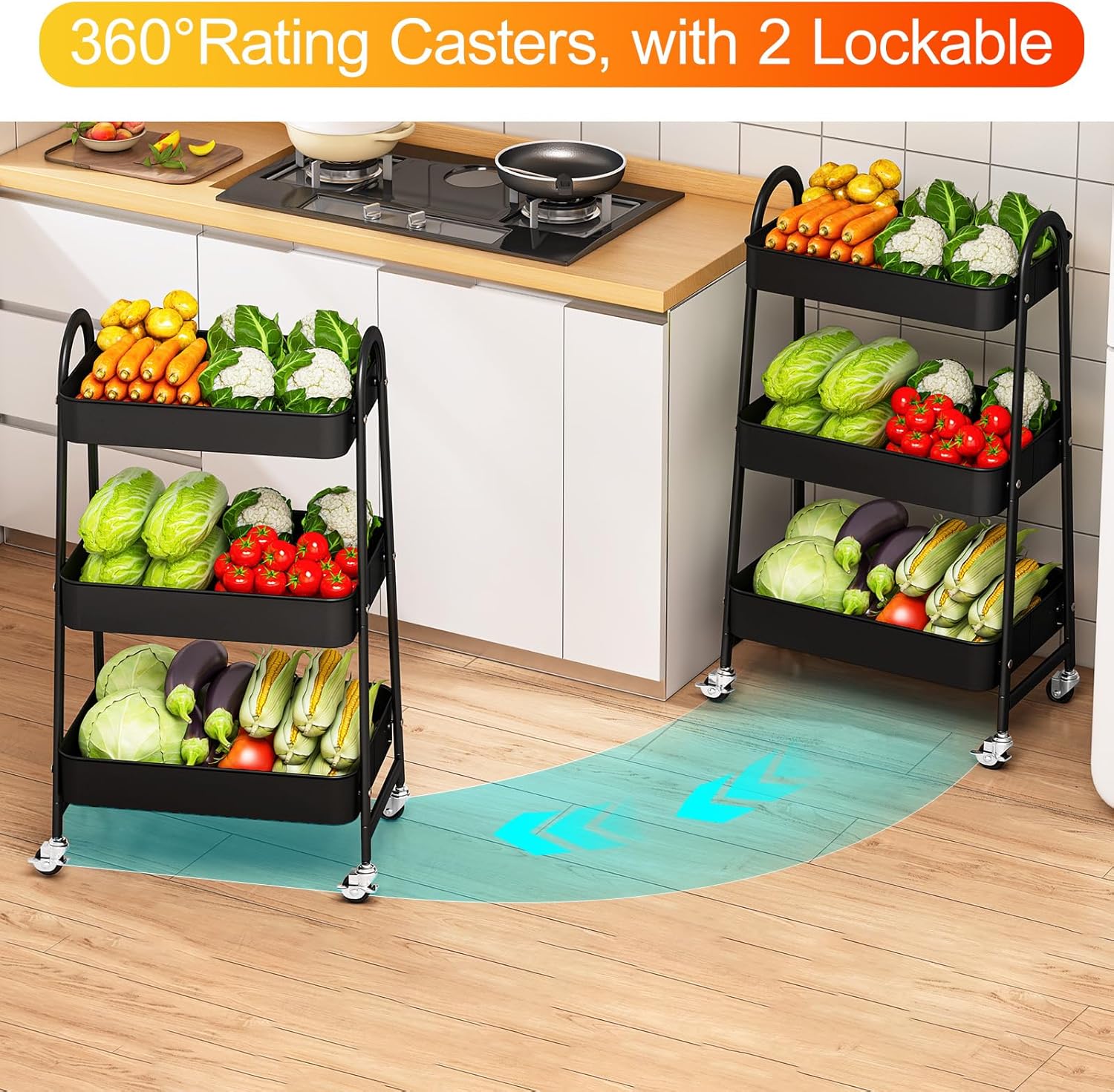 Chariot de rangement - 3 étages - métal, roulettes, polyvalent, noir