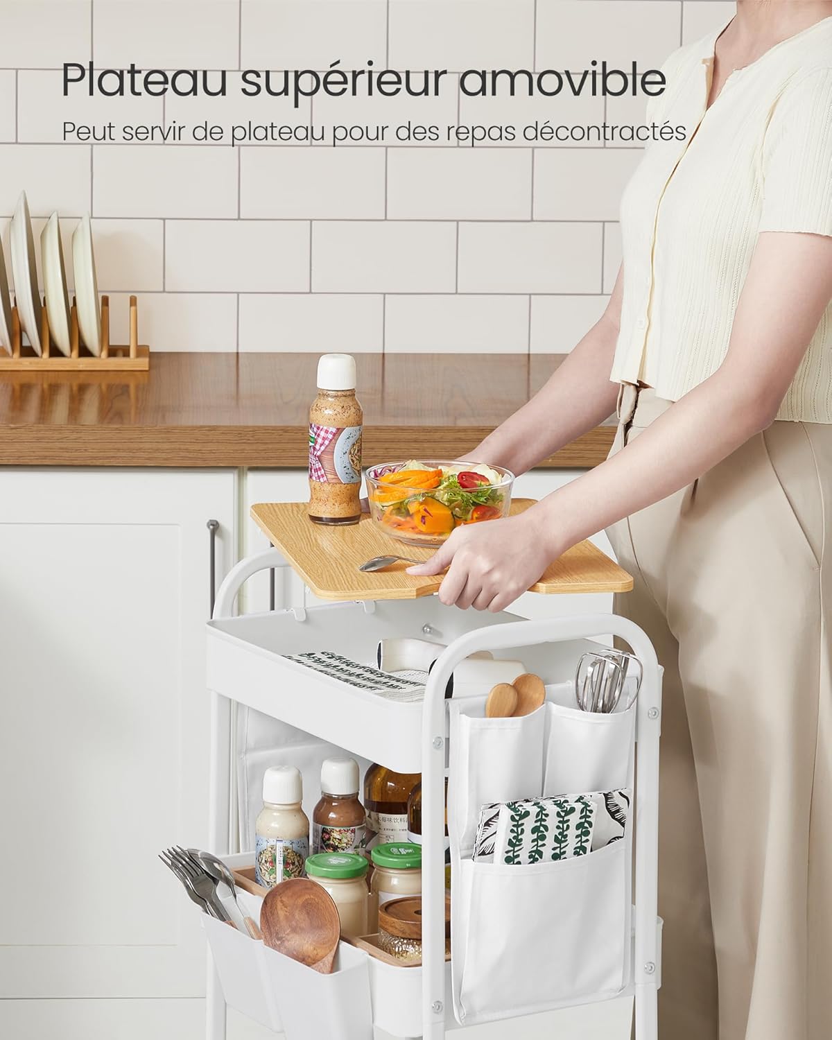 SONGMICS - Chariot de rangement 3 niveaux, blanc, avec table, pots et poches - LRC036W01