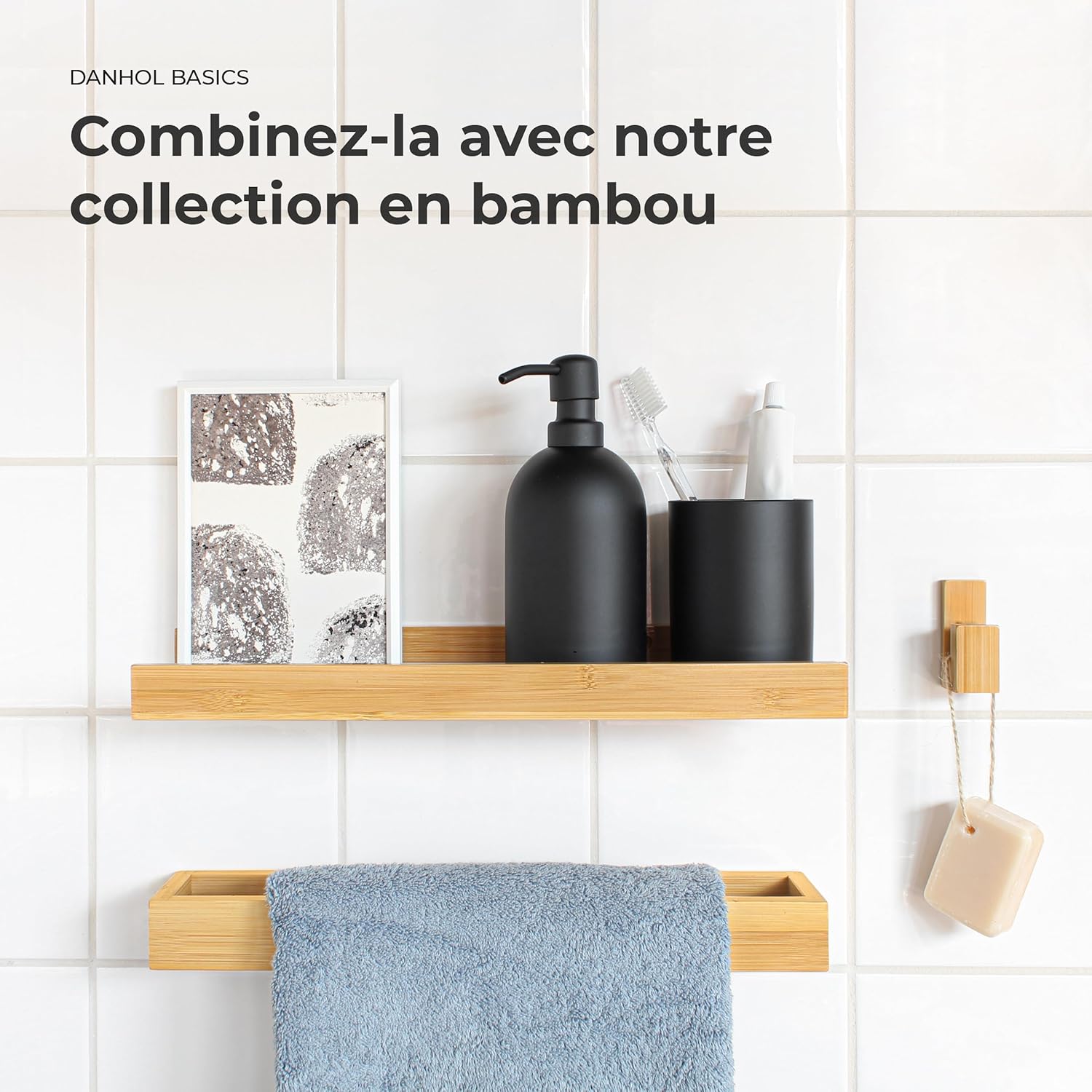 Étagère Salle de Bain en Bois - murale - bambou - adhésive, 2 unités