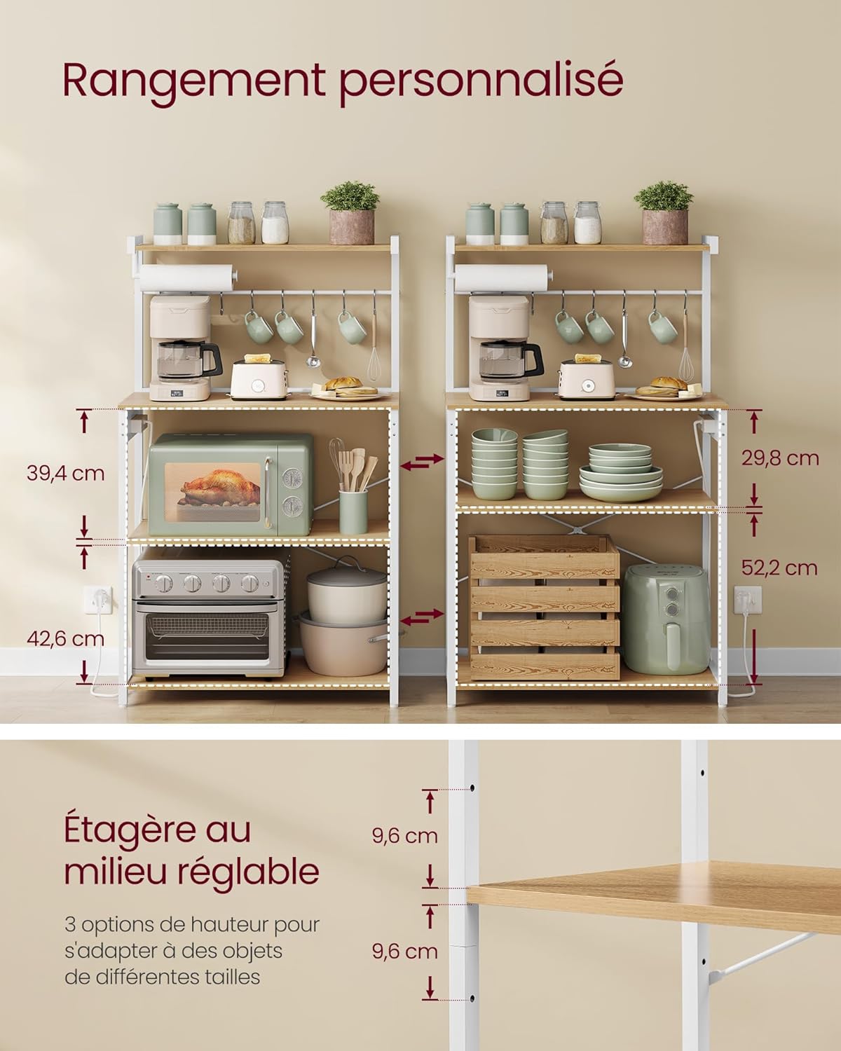 VASAGLE - étagère cuisine 4 niveaux, multiprise, 80x40x140 cm, 8 crochets, KKS029YA02