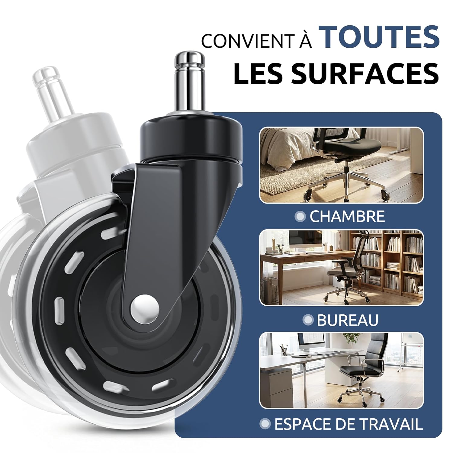 COSYLAND - roulettes bureau - 11x22 mm - silencieuses, sols durs