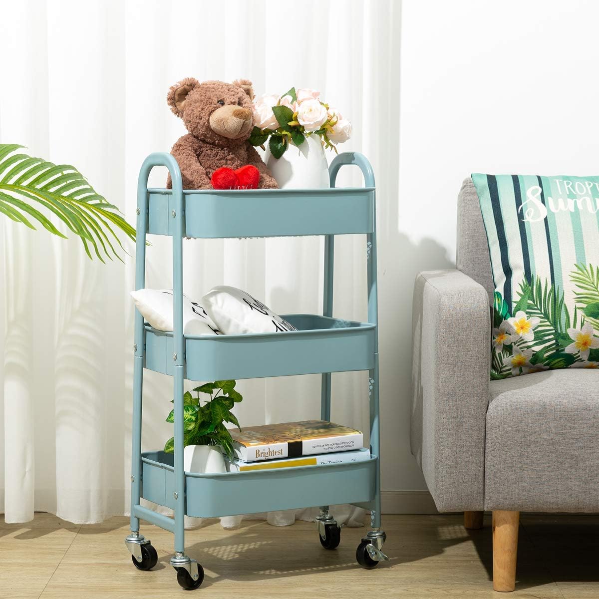 DOEWORKS - chariot métal 3 niveaux gris-bleu, roulettes, rangement mobile