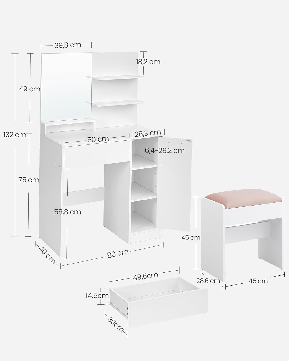 VASAGLE - Kailyn Collection coiffeuse, miroir, tabouret, étagères, blanc, RDT719W01