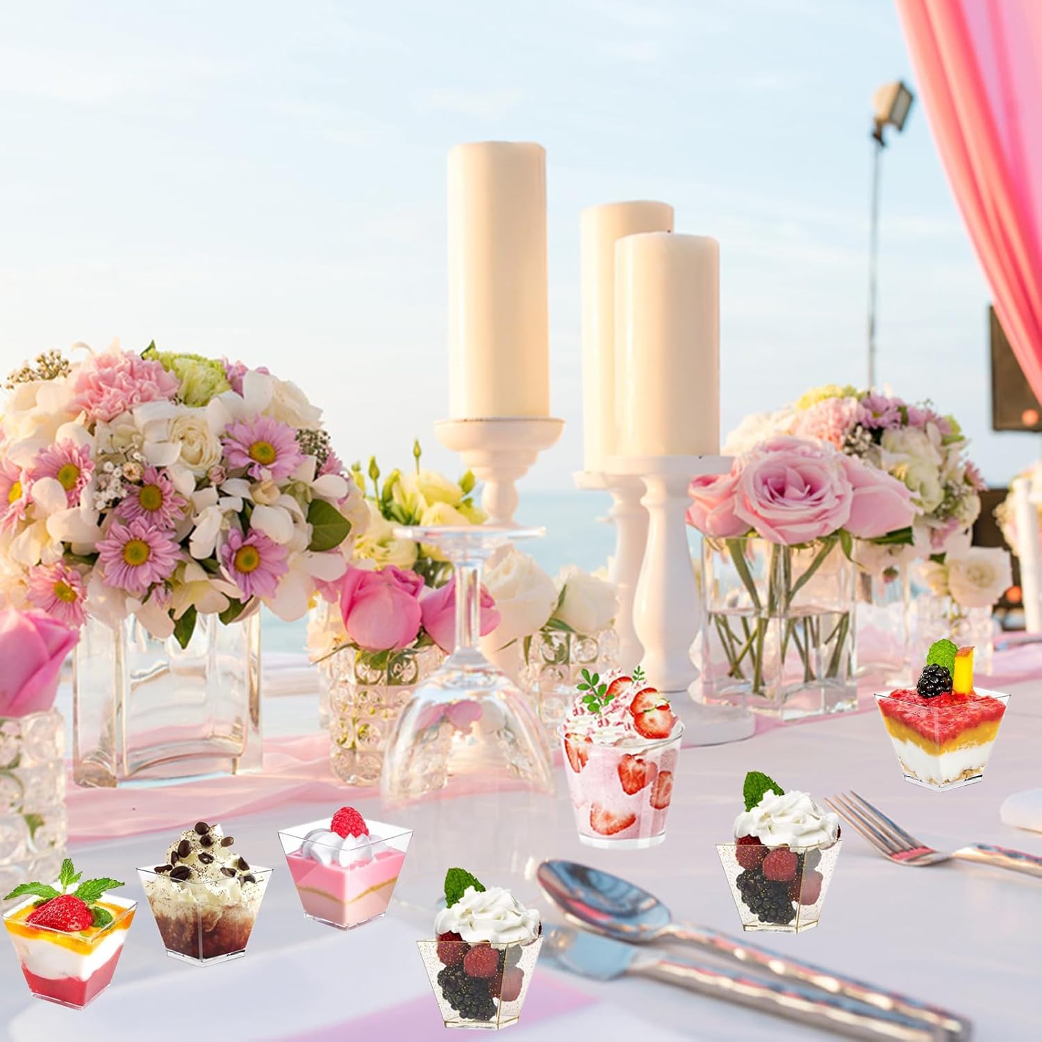 Tasses à dessert - 50pcs, 60ml, réutilisables, avec cuillères, plastique, or