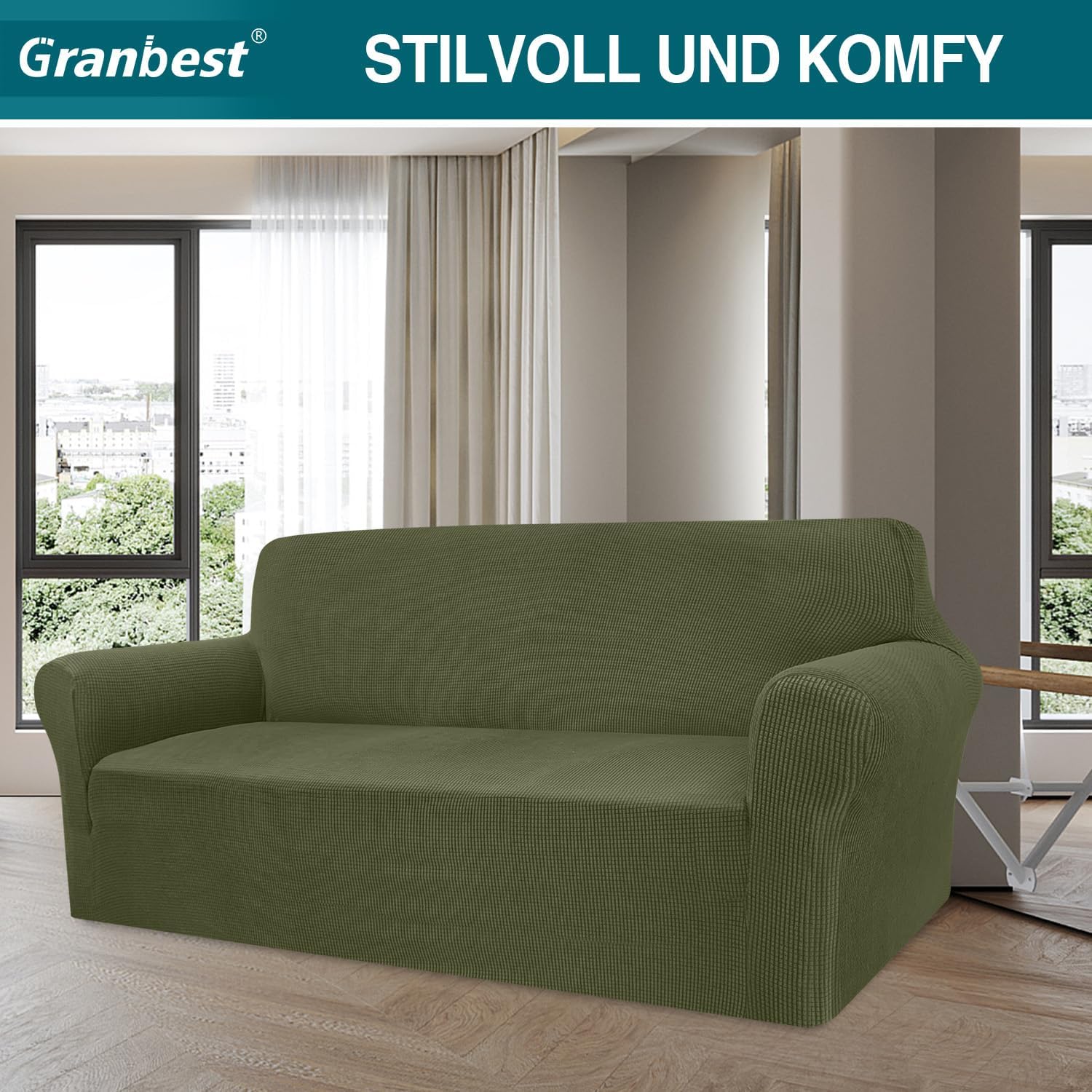 Granbest - housse canapé extensible jacquard - 3 places - vert, protection animaux