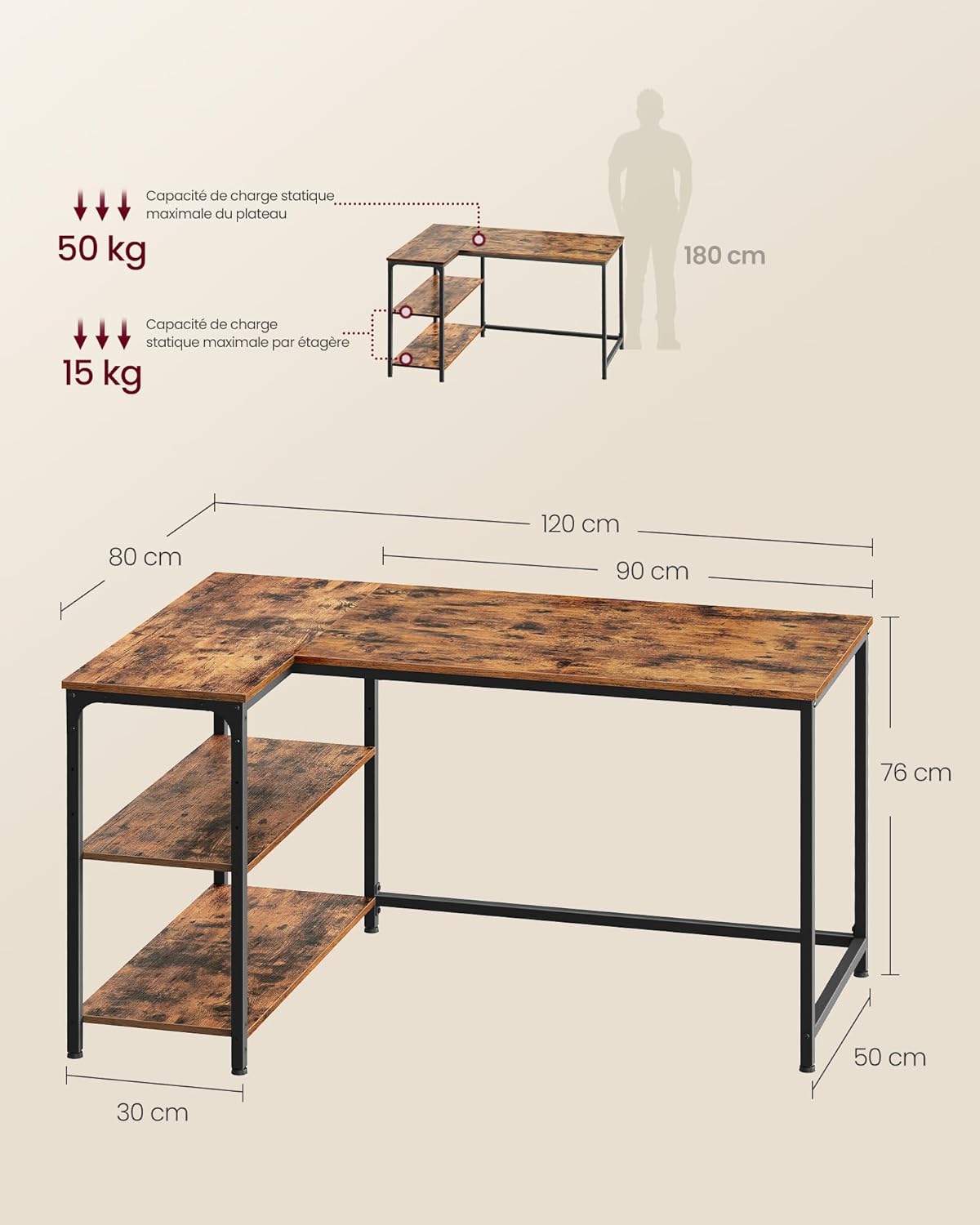 VASAGLE - Bureau Gaming L - 120x80 cm - rangement, étagères réglables - LWD136KD01