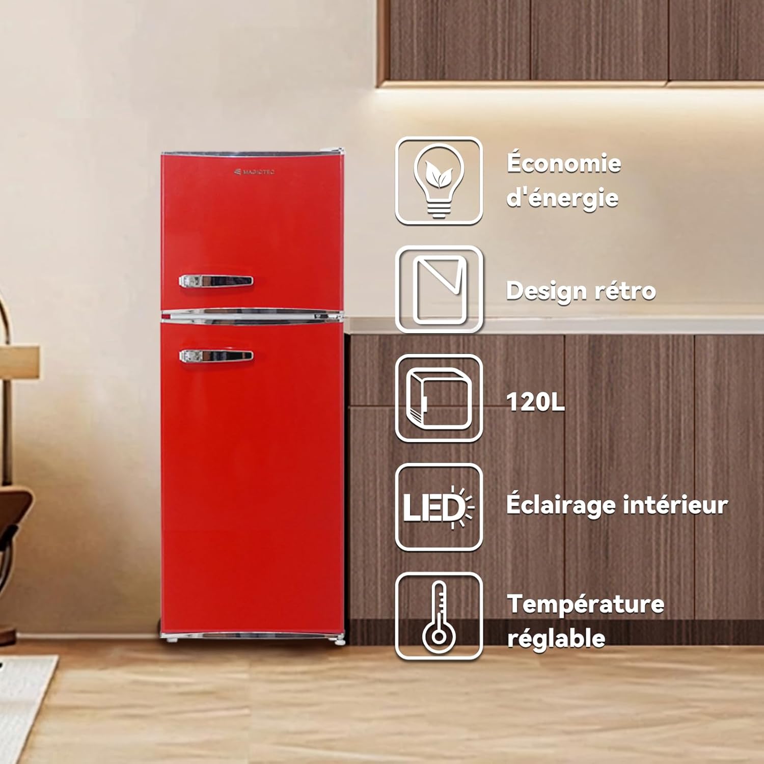 magictec - Frigo vintage série - 120L, congélateur 32L, Low Frost, éclairage LED