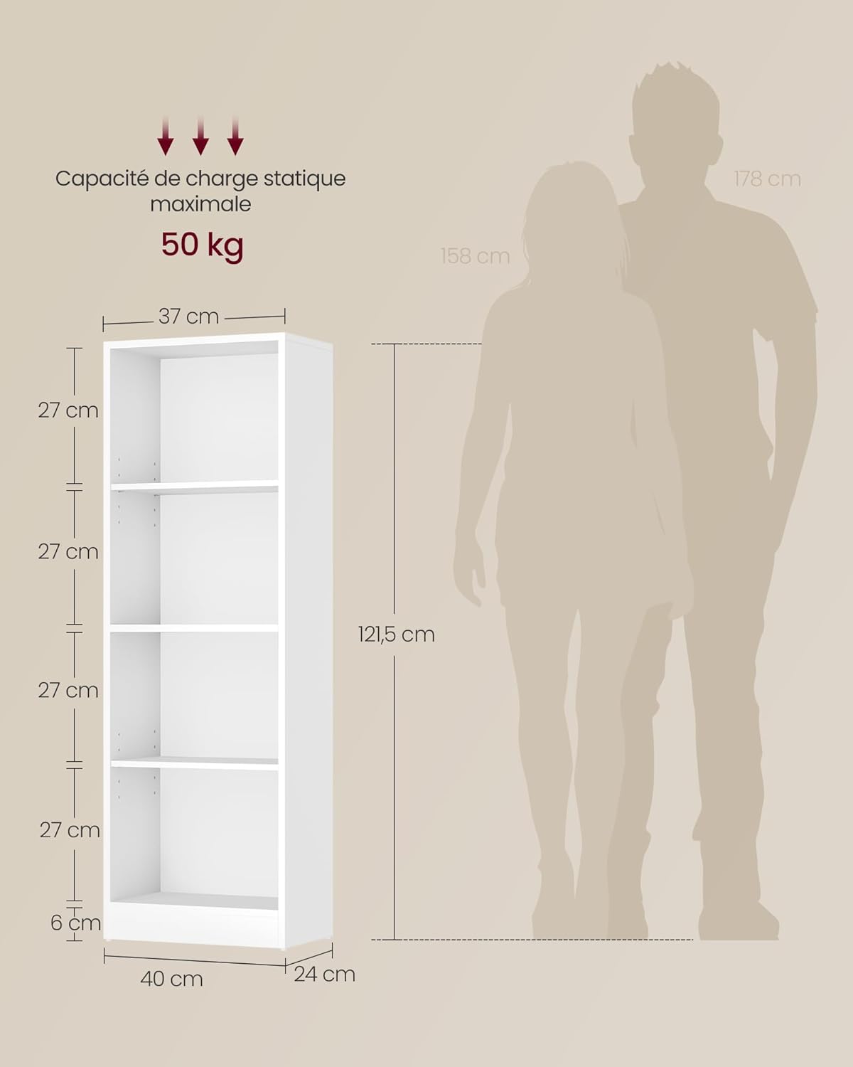 VASAGLE - étagère 4 niveaux - 24x40x121,5 cm, rangement blanc, LBC104W