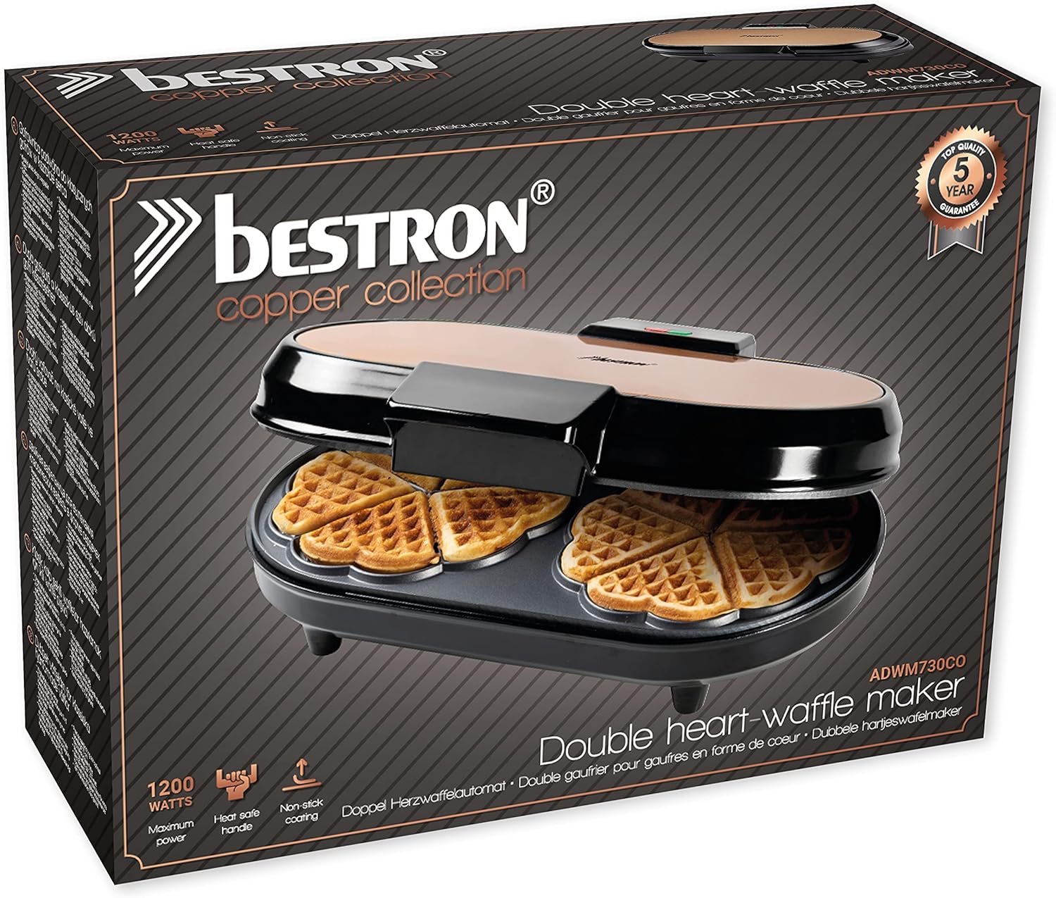 Bestron - Double gaufrier cœur, 1200W, antiadhésif, cuivre