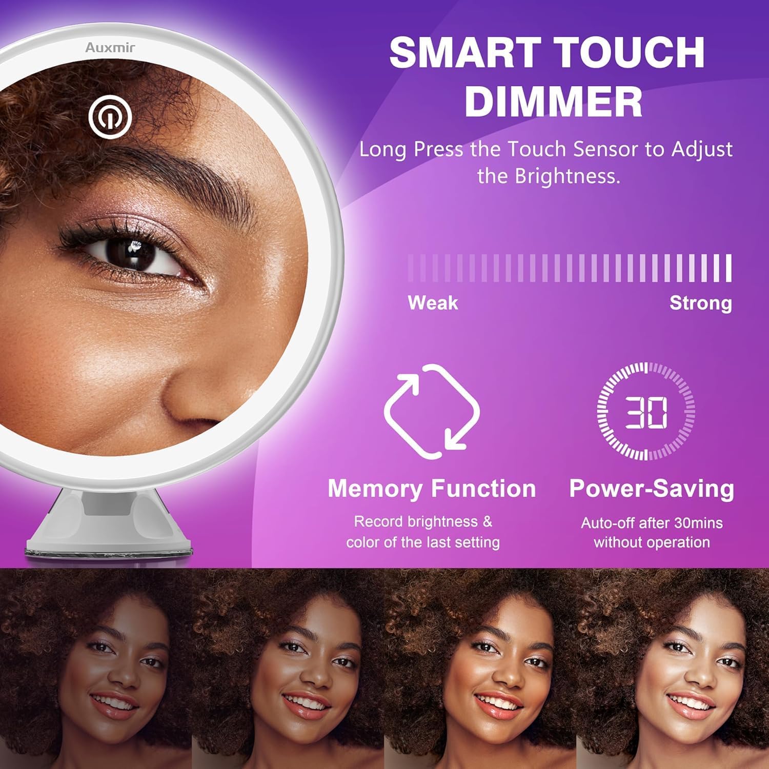 Auxmir - miroir grossissant série LED - 30x - rechargeable, 3 éclairages, ventouse 360°