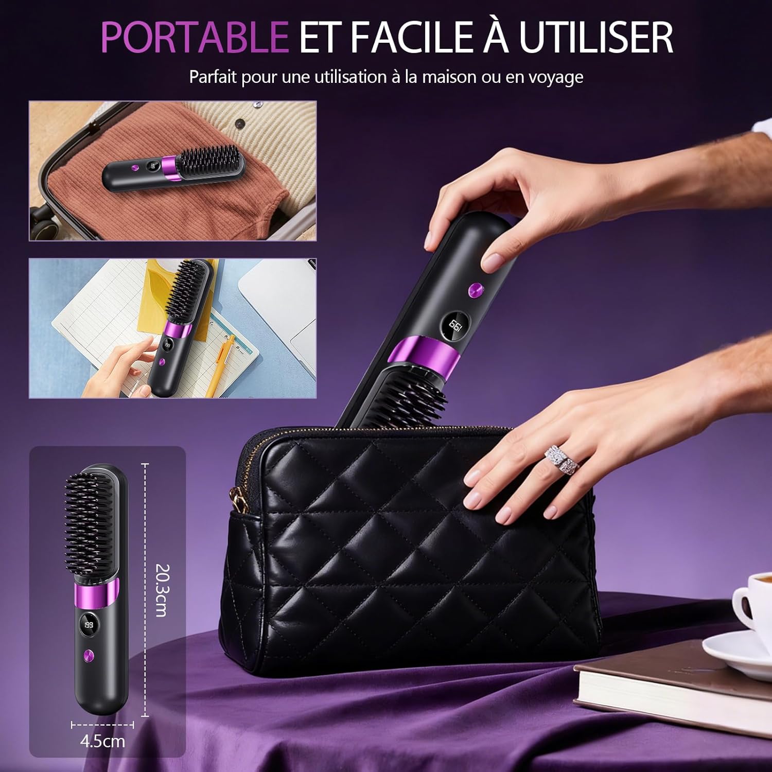 Brosse lissante sans fil - mini, céramique, 4 températures, portable