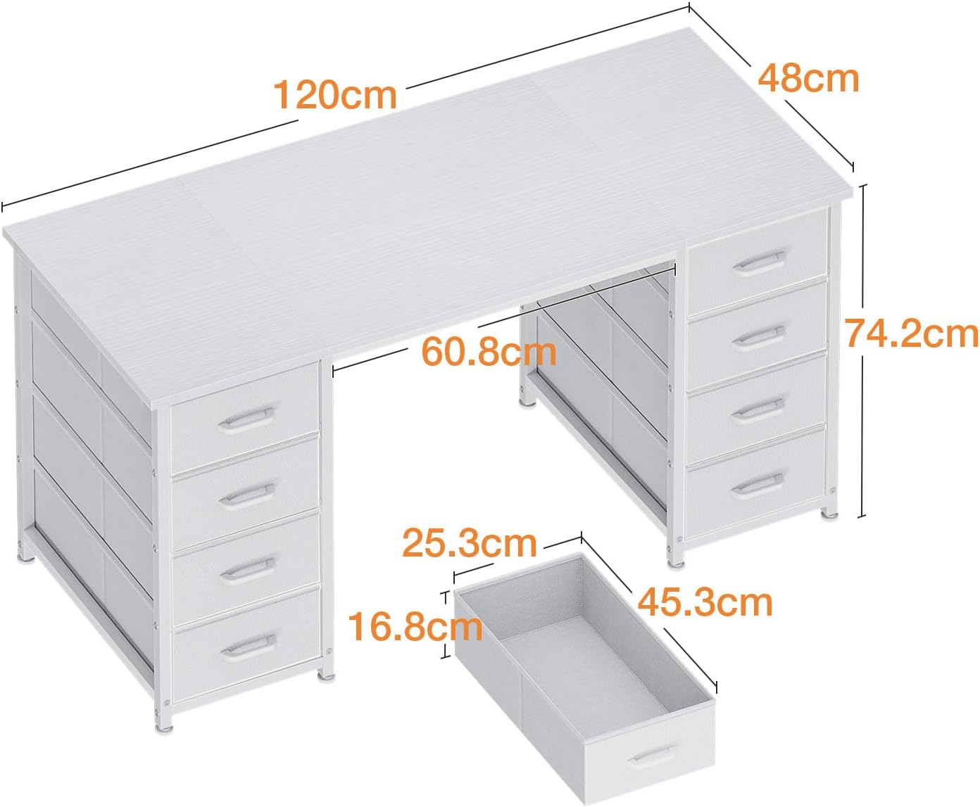 Coleshome - bureau avec 8 tiroirs tissu - 120x48cm - blanc, robuste, rangement