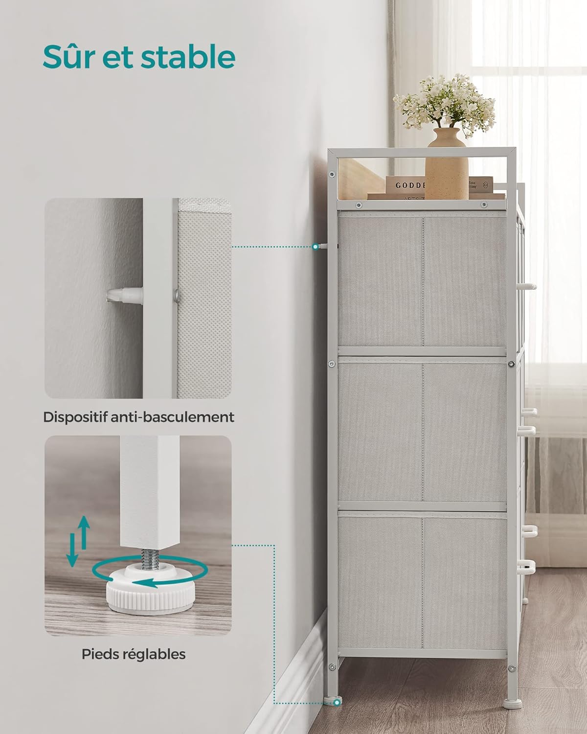 SONGMICS - commode 7 tiroirs tissu, métal, blanc/beige, style moderne, LTS523W57