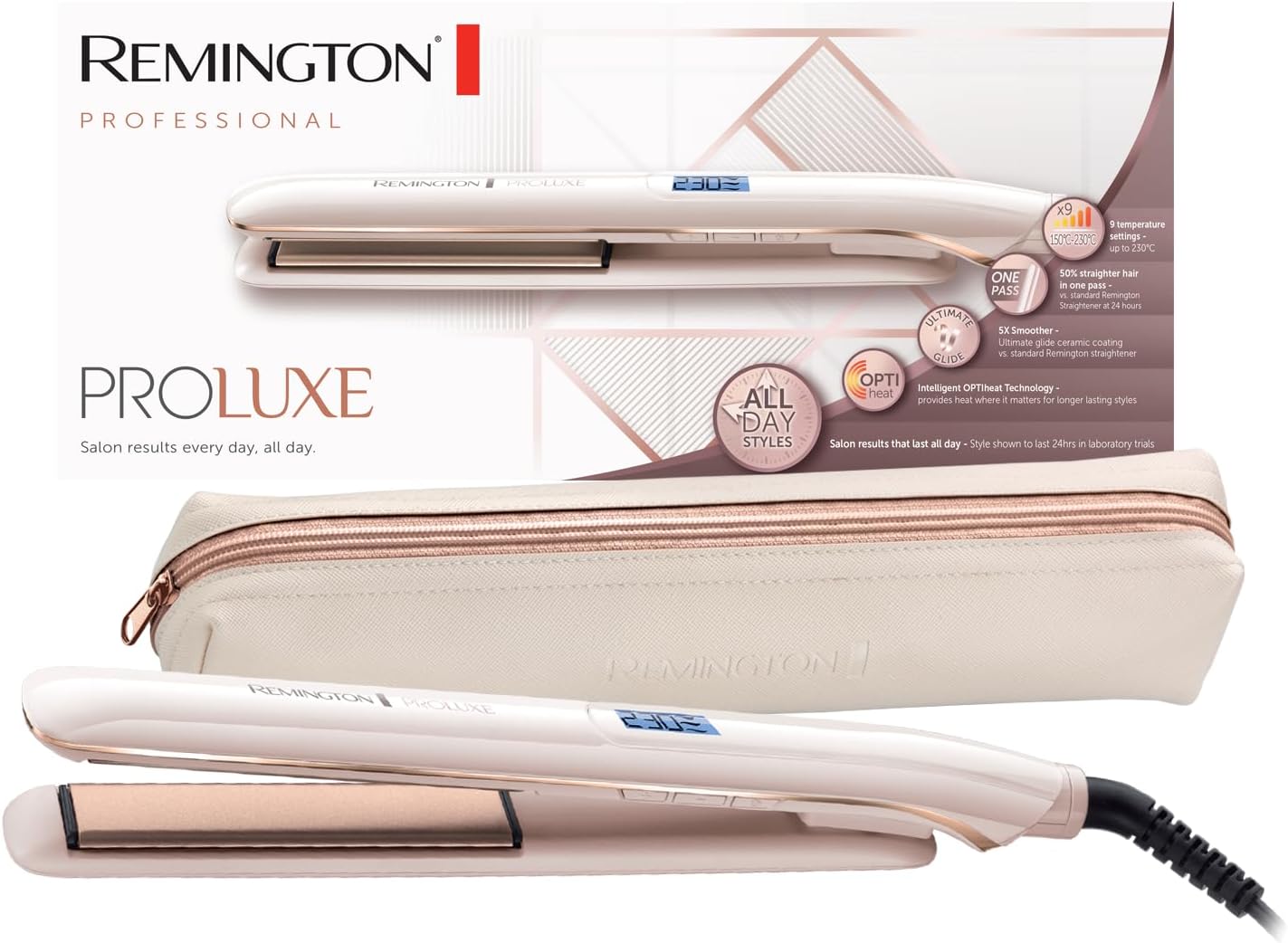 Remington - PROluxe lisseur, céramique, LCD, 150-230°C, pochette S9100
