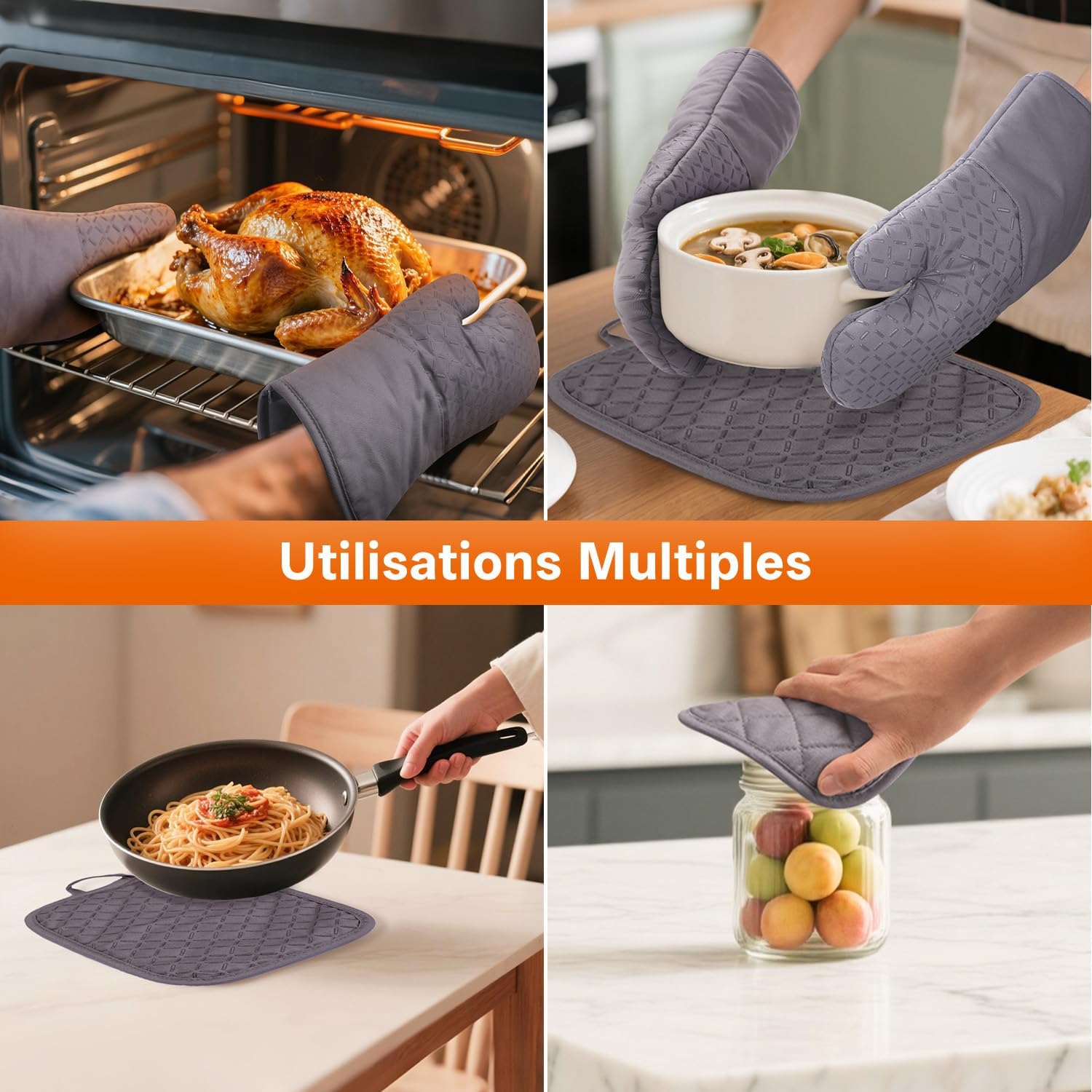MILcea - gants de cuisine série lot de 4 - 32cm - silicone antidérapant, coton doux, résistance 300°C
