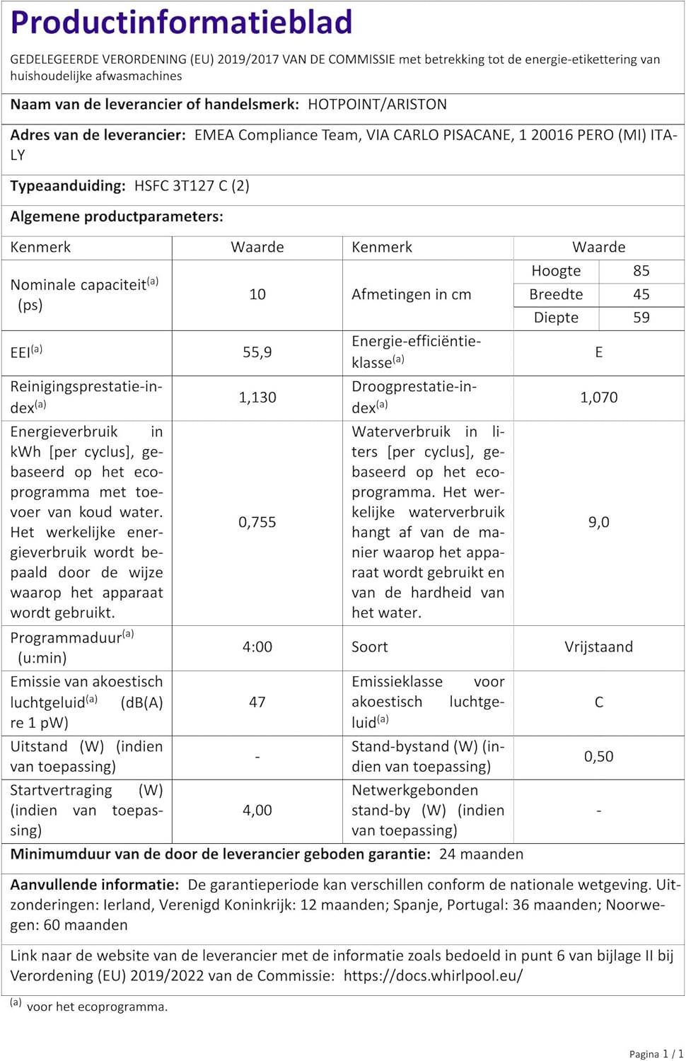 Hotpoint - Lave-vaisselle compact 45 cm, 10 couverts, A++, tactile - HSFC 3T127 C