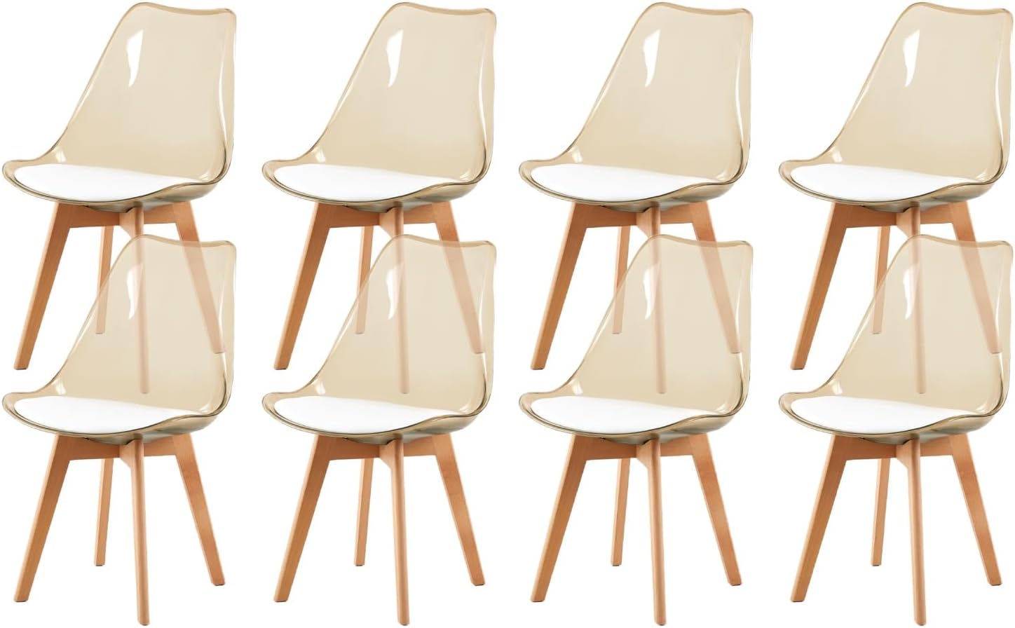 EGGREE - chaises scandinaves 8 pièces - hêtre, cuir blanc, dossier transparent, testées SGS