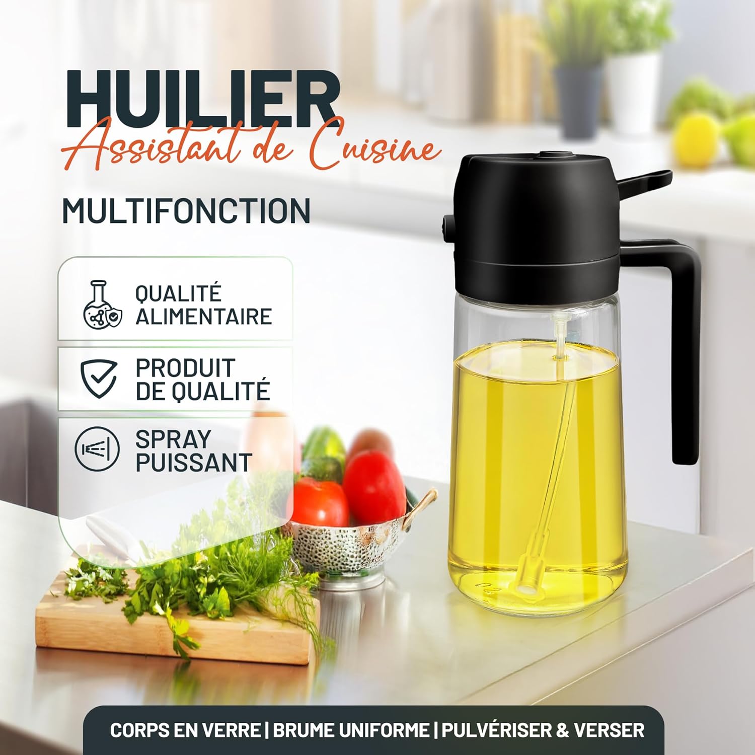 PORTENTUM - Spray huile cuisine 500ml - verre alimentaire, anti-lumière, pulvérisateur 2en1