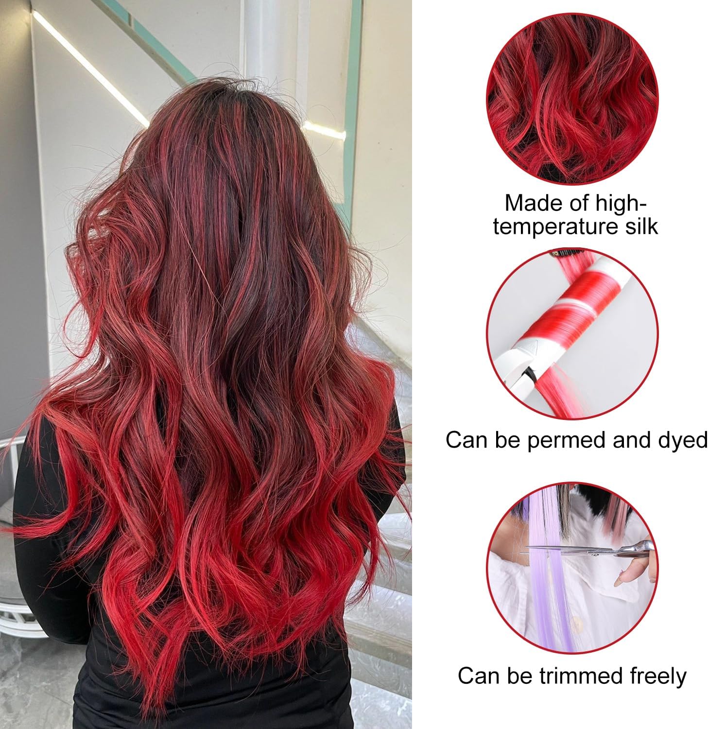 Extensions à clip cheveux - 22 pouces - mèches colorées raides, rouge