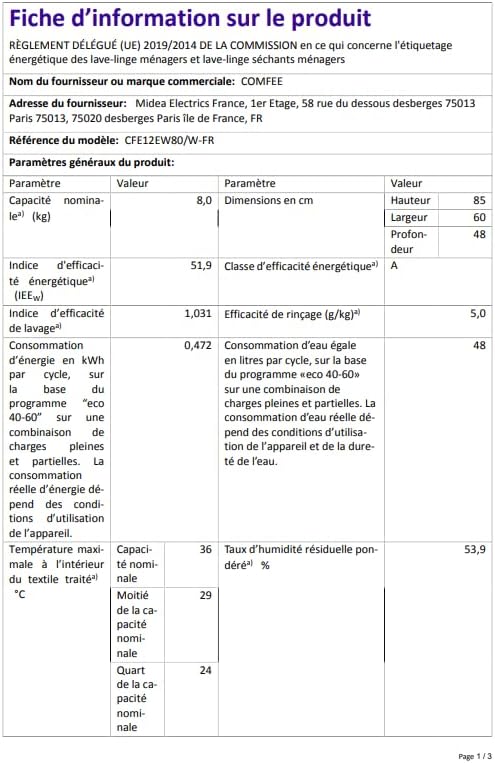 Comfee - lave-linge frontal 8 kg, classe A, 1400 tr/min, 15 programmes, CFE12EW80-W-FR