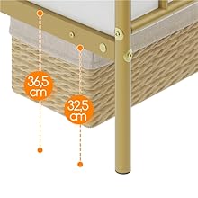 Schéma des mesures du meuble indiquant les dimensions de hauteur de 36,5 cm et 32,5 cm indiquées par des marqueurs oranges et des lignes pointillées