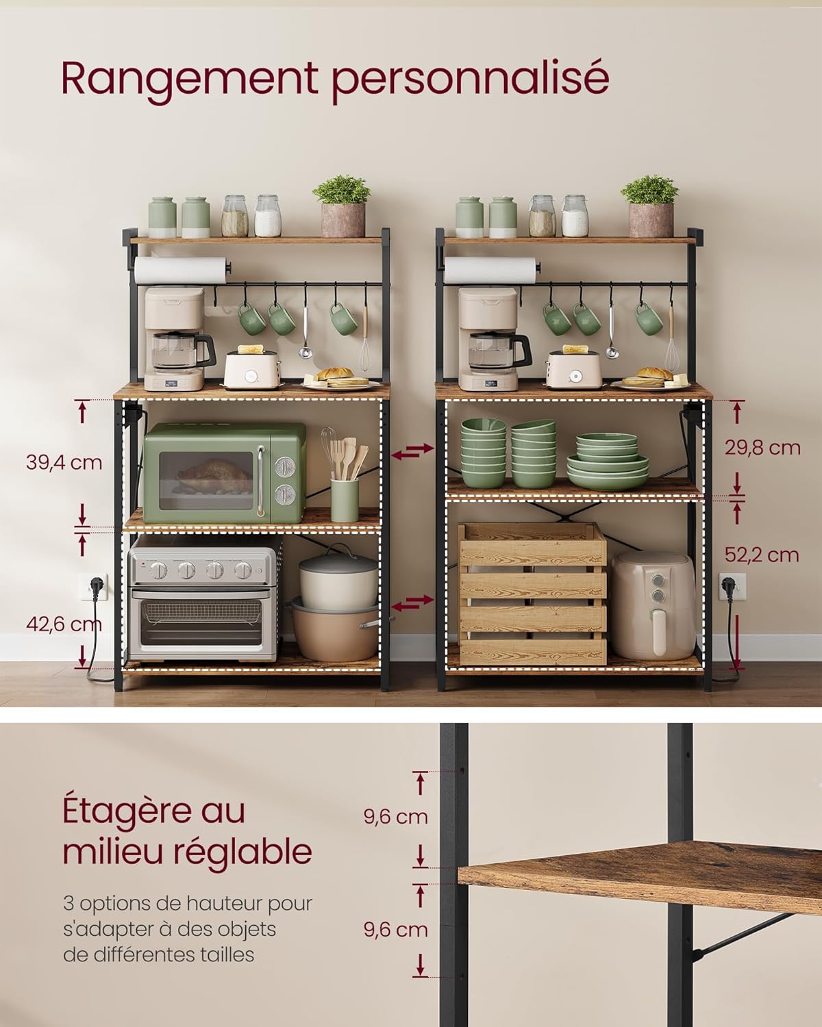 VASAGLE - étagère cuisine série bar café, 80x40x140 cm, 4 niveaux, multiprise, 8 crochets S, KKS029KD02