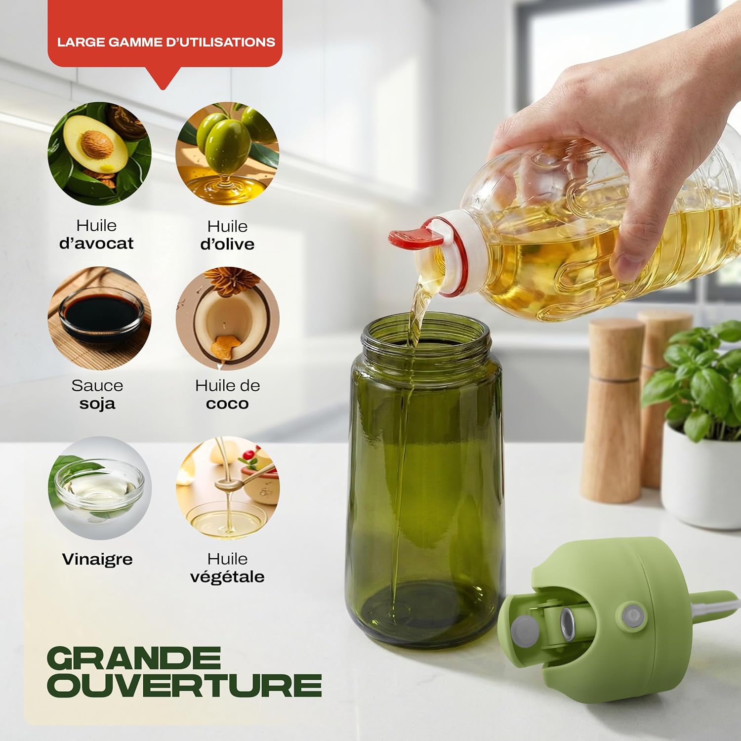 PORTENTUM - Spray huile cuisine 2en1, 470ml, verre vert, étiquettes multilingues