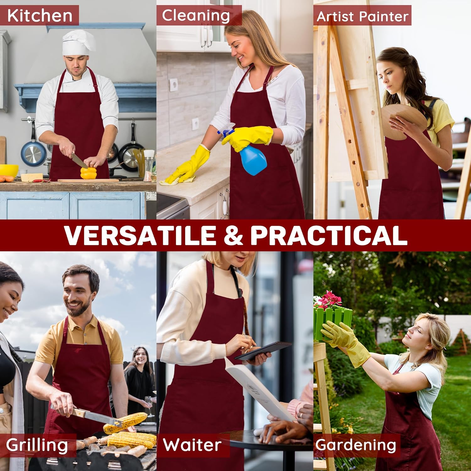 Tablier de chef - lot de 2 - grande taille - unisexe, 2 poches, cuisine, travail