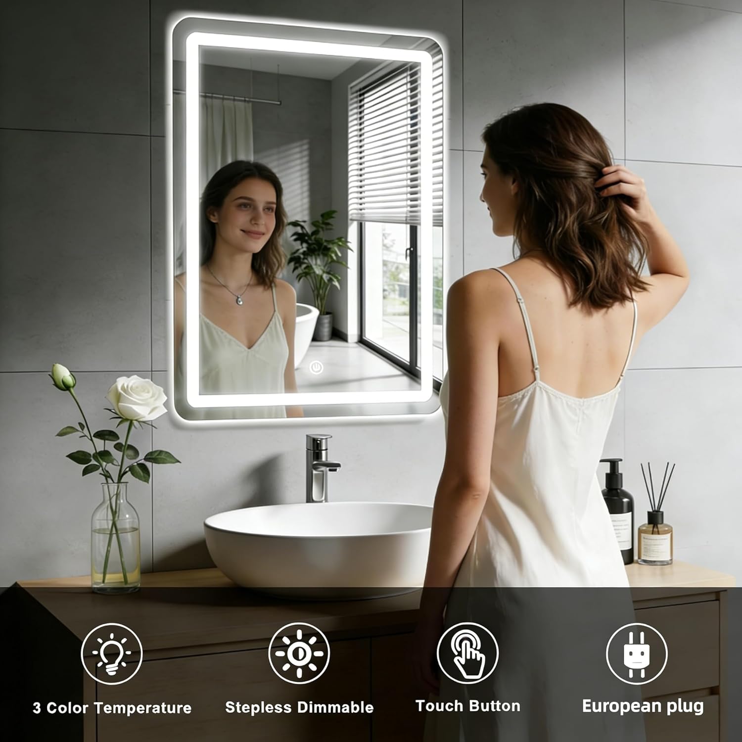 Miroir mural LED salle de bain, 60x45 cm, éclairage tactile, 3 couleurs