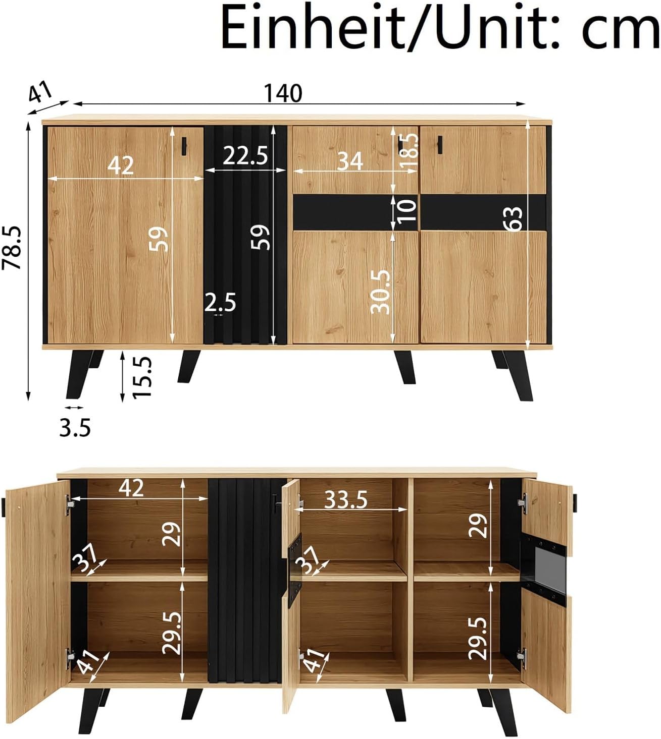 KOMHTOM - buffet bois noir/vitrine LED, 140x78x41 cm, 6 compartiments KOMHTOM