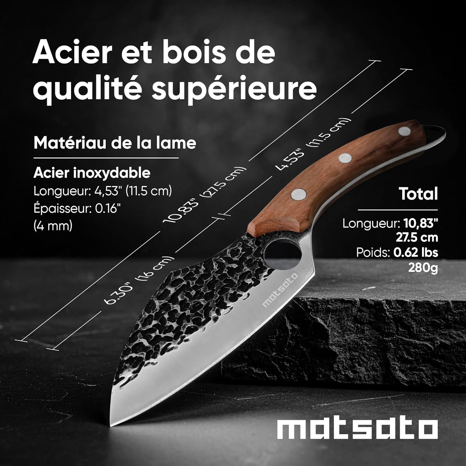 Matsato - Set professionnel 3 pièces - lames acier, poignée bois