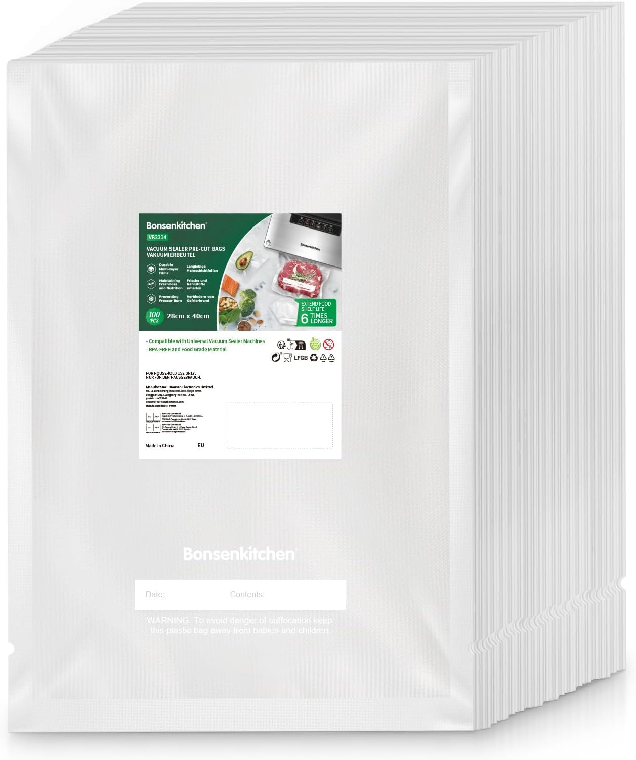 Bonsenkitchen - sacs sous vide série VB - 28x40 cm, 100 pièces, sans BPA, VB3214