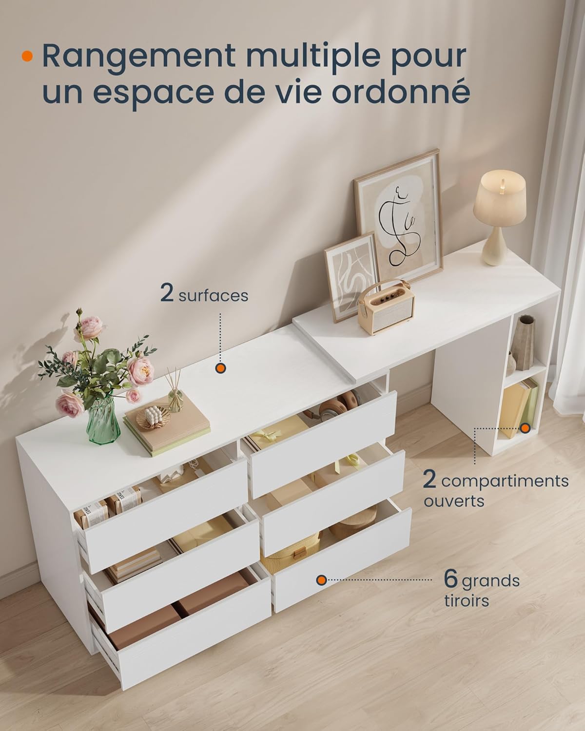 SONGMICS - Coiffeuse Toolless, rangement, étagère, blanc, montage facile LTS656W01