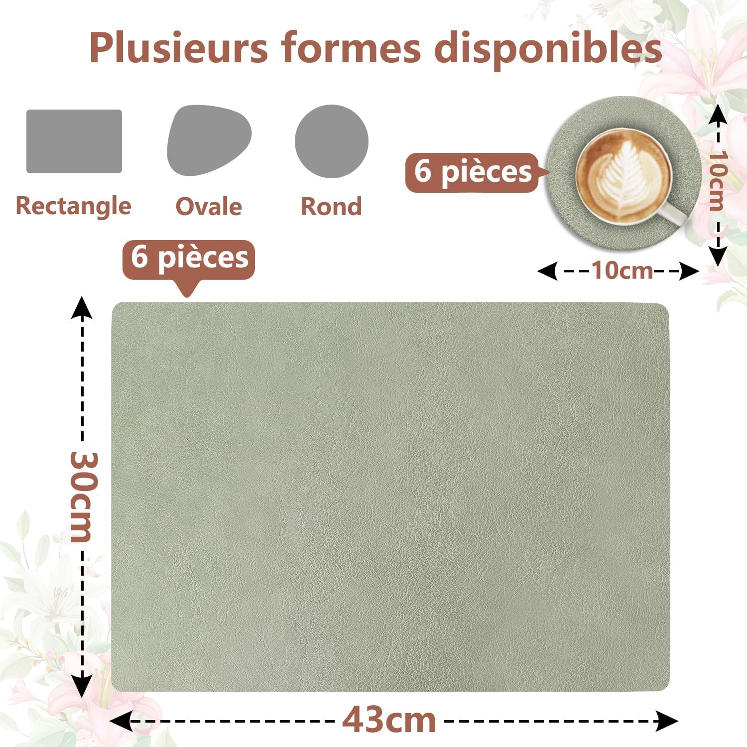 Set de table - lot 6 pièces double face cuir PU 43x30cm, lavable, antidérapant