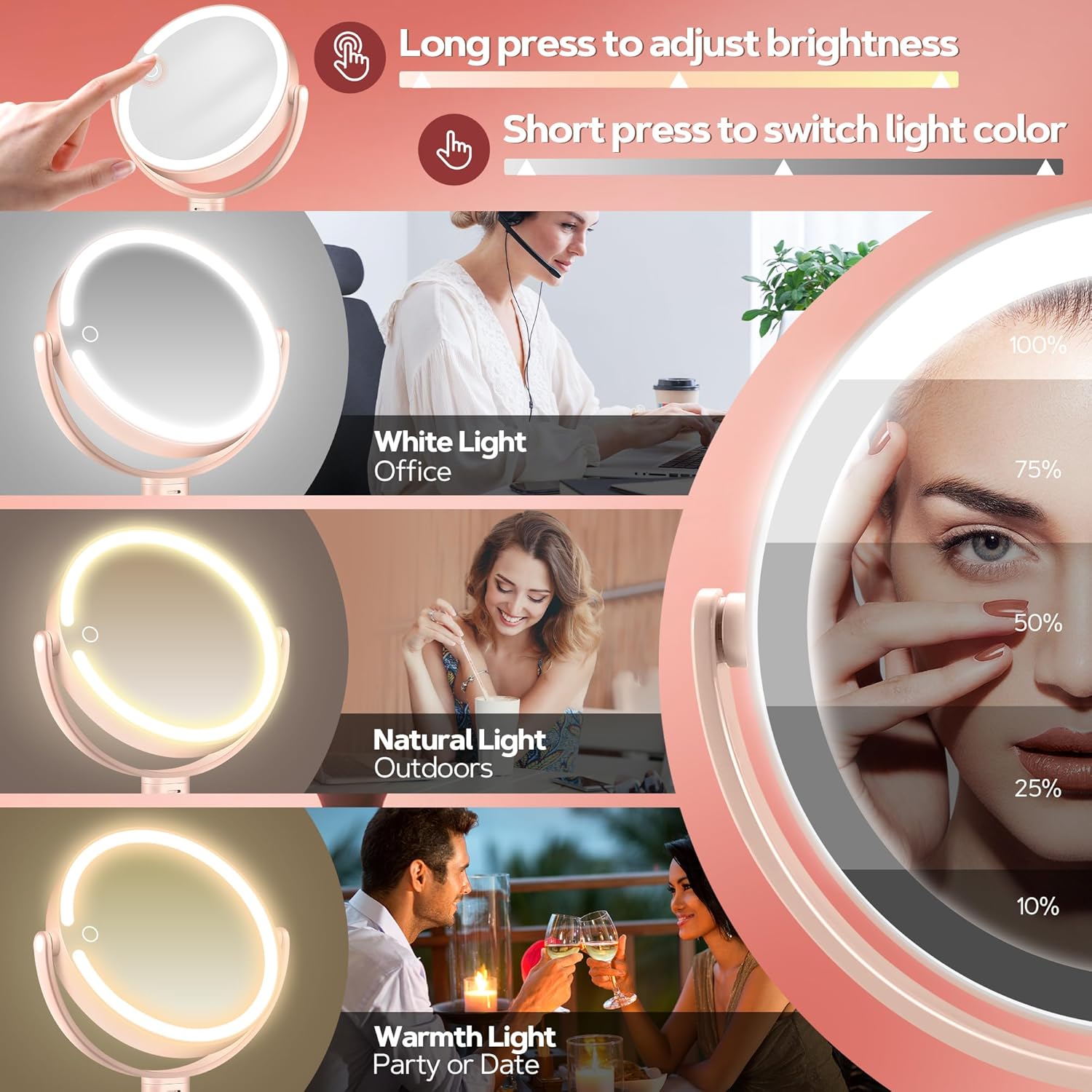 B Beauty Planet - miroir maquillage LED 30X, 2 côtés, 3 lumières, rose