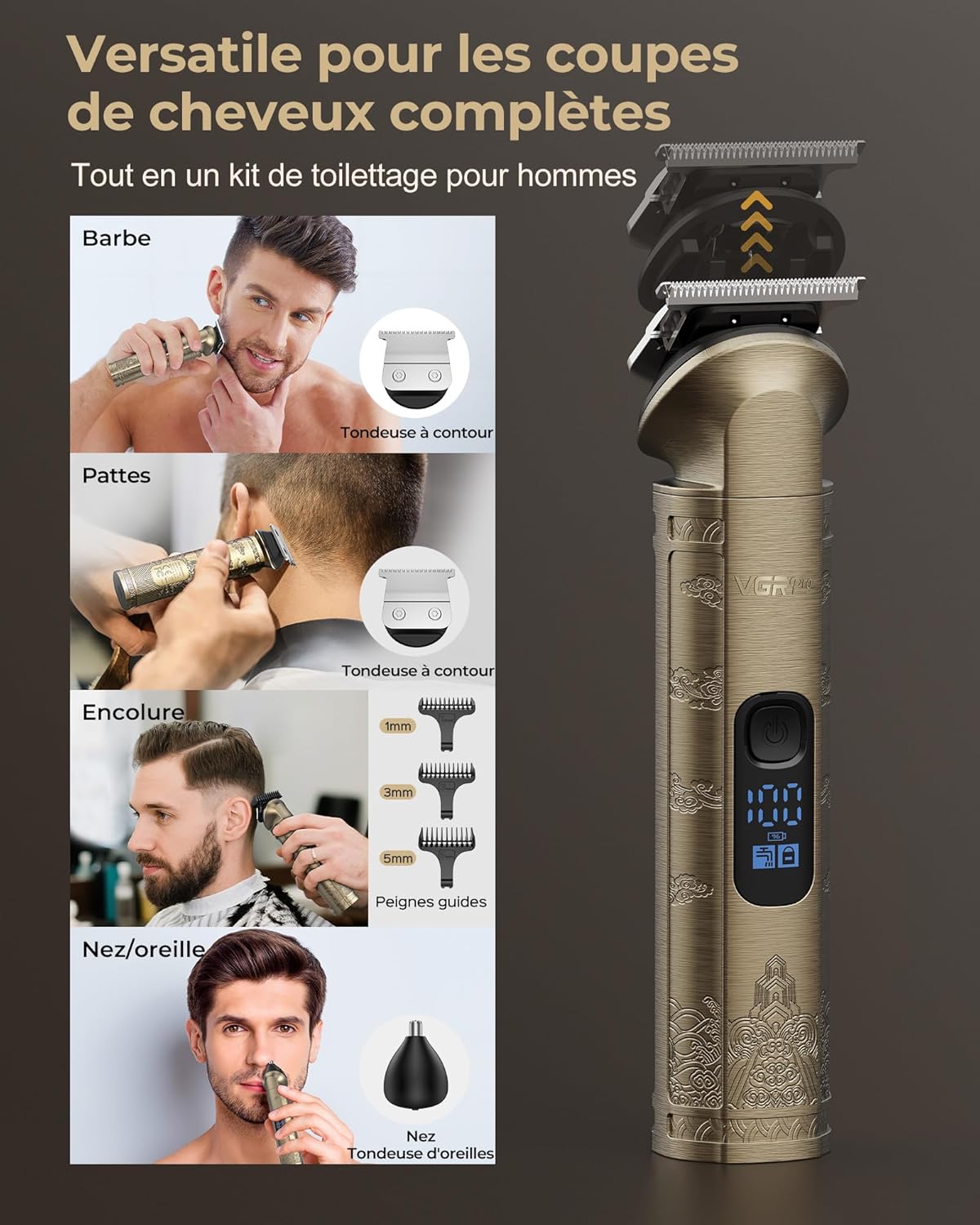Tondeuse cheveux professionnelle sans fil, kit coupe homme, dorée