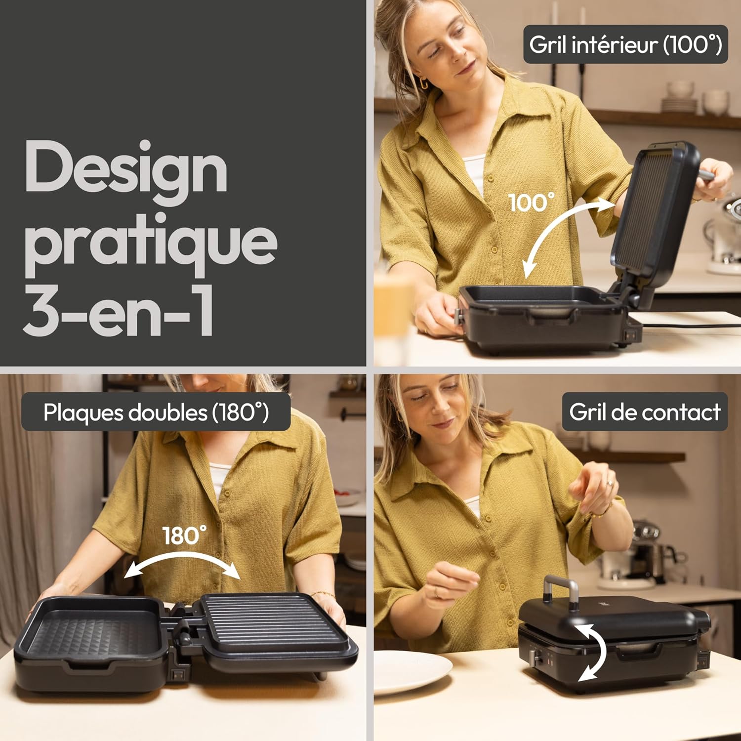 Gadgy - Gril de contact 2 en 1, 1400W, plaques amovibles, température réglable