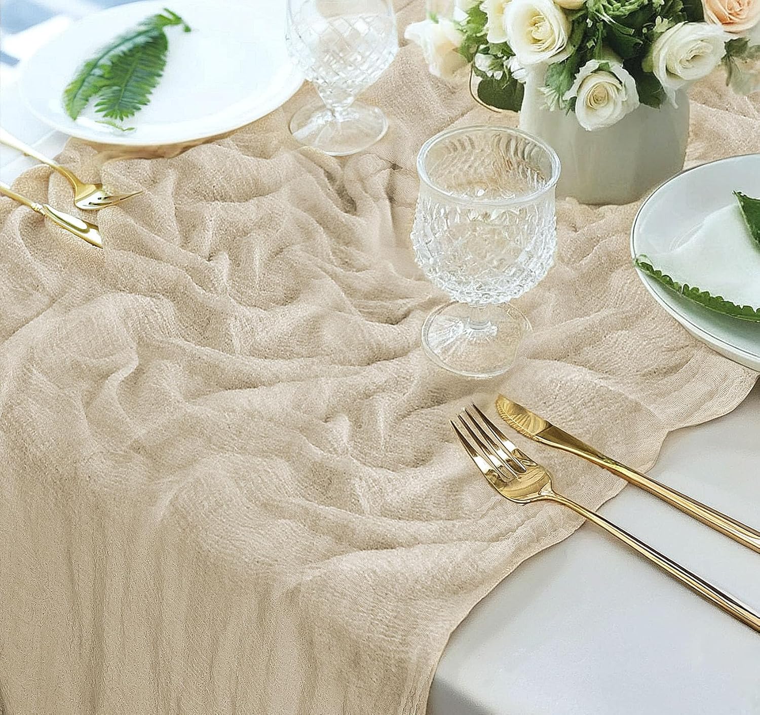 Chemin de table étamine beige – 80x300 cm – gaze transparente bohème