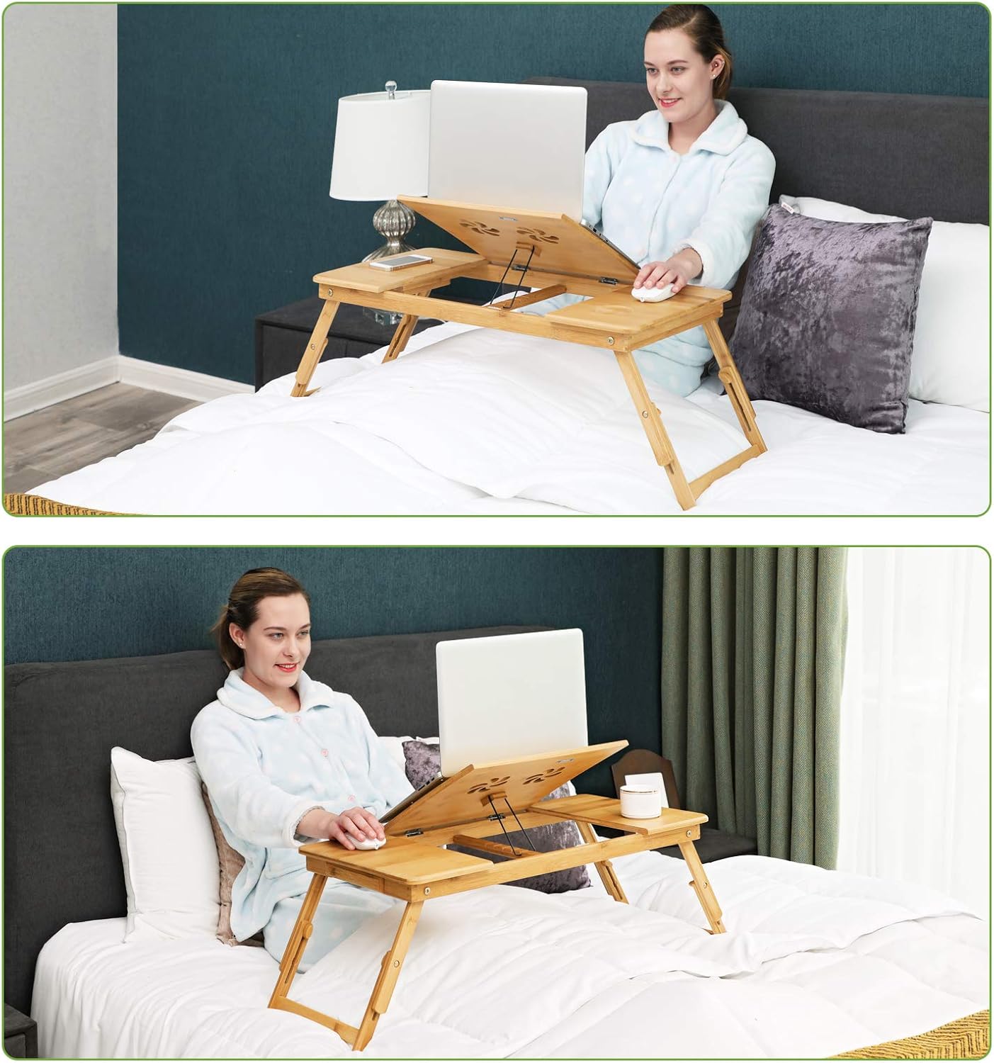 SONGMICS - Table de lit pliable bambou - 72x21-29x35 cm - plateau ajustable, tiroir, trous aération LLD004