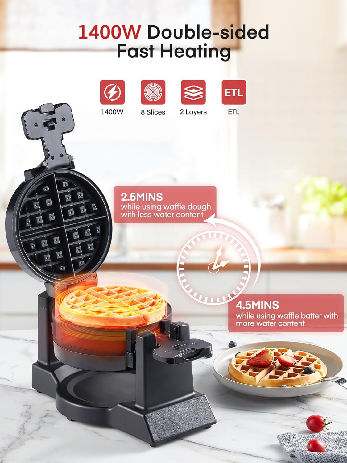 Waffle Maker - 1400W, flip 180°, 8 disques, plaques antiadhésives