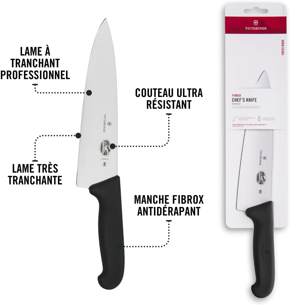 Victorinox - Fibrox Chef - 20 cm - Lame inox lisse, poignée ergonomique