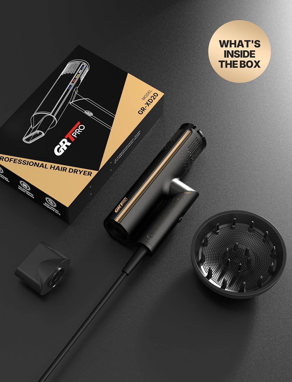 Sèche Cheveux Professionnel - pliable 2200W, ionique, 410g, 4 températures, 3 vitesses, 110000RPM