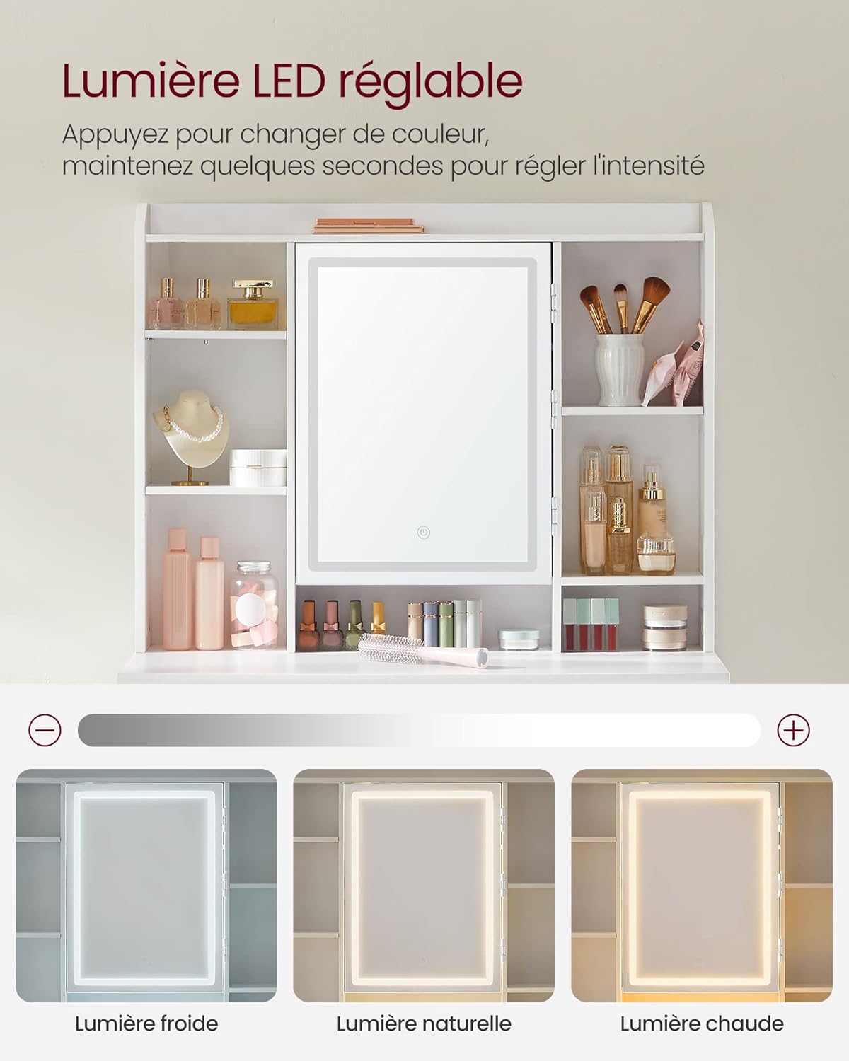 VASAGLE - Kailyn Collection coiffeuse LED, 3 couleurs, étagère réglable, 2 tiroirs, blanc, RDT123T14