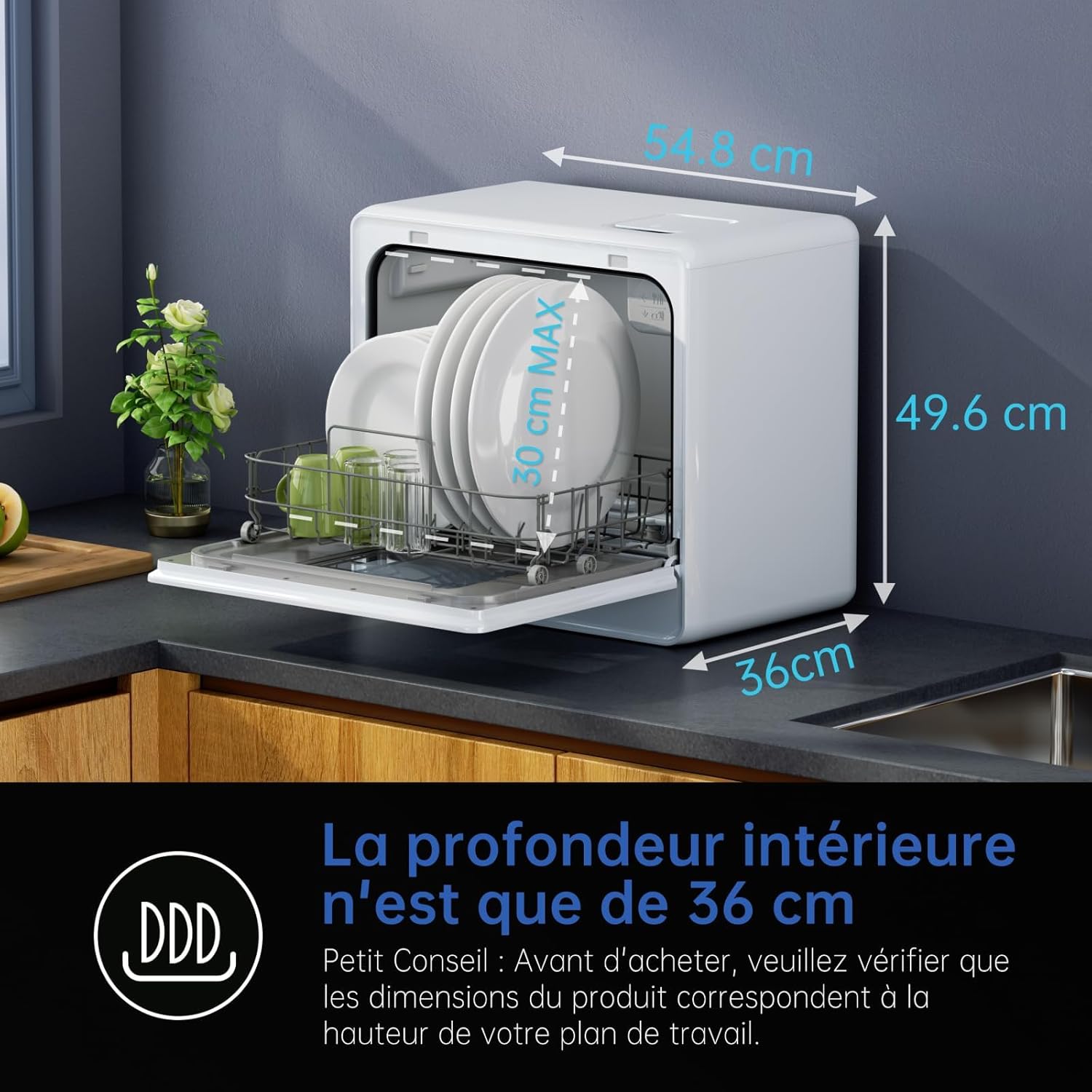 AIRMSEN - Mini lave-vaisselle compact 5L, 7+2 programmes, LED, fonction sel